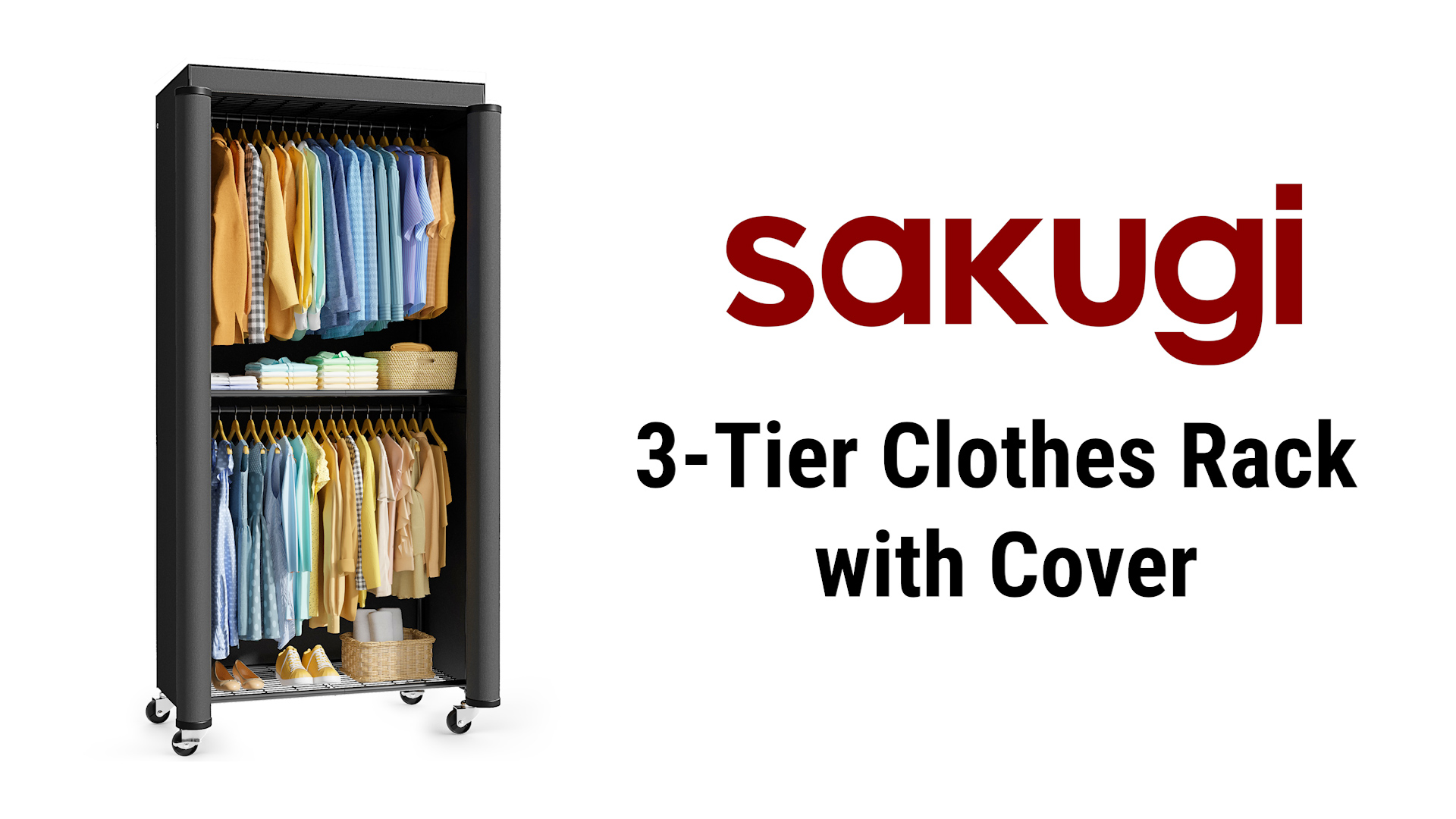 thumbnail video image 2 of Sakugi Clothes Rack with Cover, Versatile Wardrobe Closet with Hooks, Shelves, Wheels, Clothing Rack for Hanging Clothes in Entrance, Bedroom, Laundry, 33" x 12.5" x 79.0", Black, 2 of 10