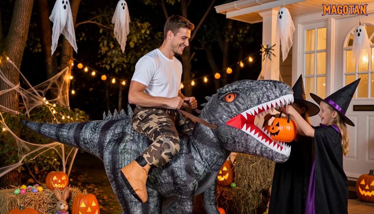 thumbnail video image 2 of MAGOTAN Halloween Inflatable Dinosaur Costume Adult,Blow Up T Rex Suit Men Women, Halloween Adults Funny Blow Up Lightweight & Flexible for Cosplay, Parades, 2 of 8