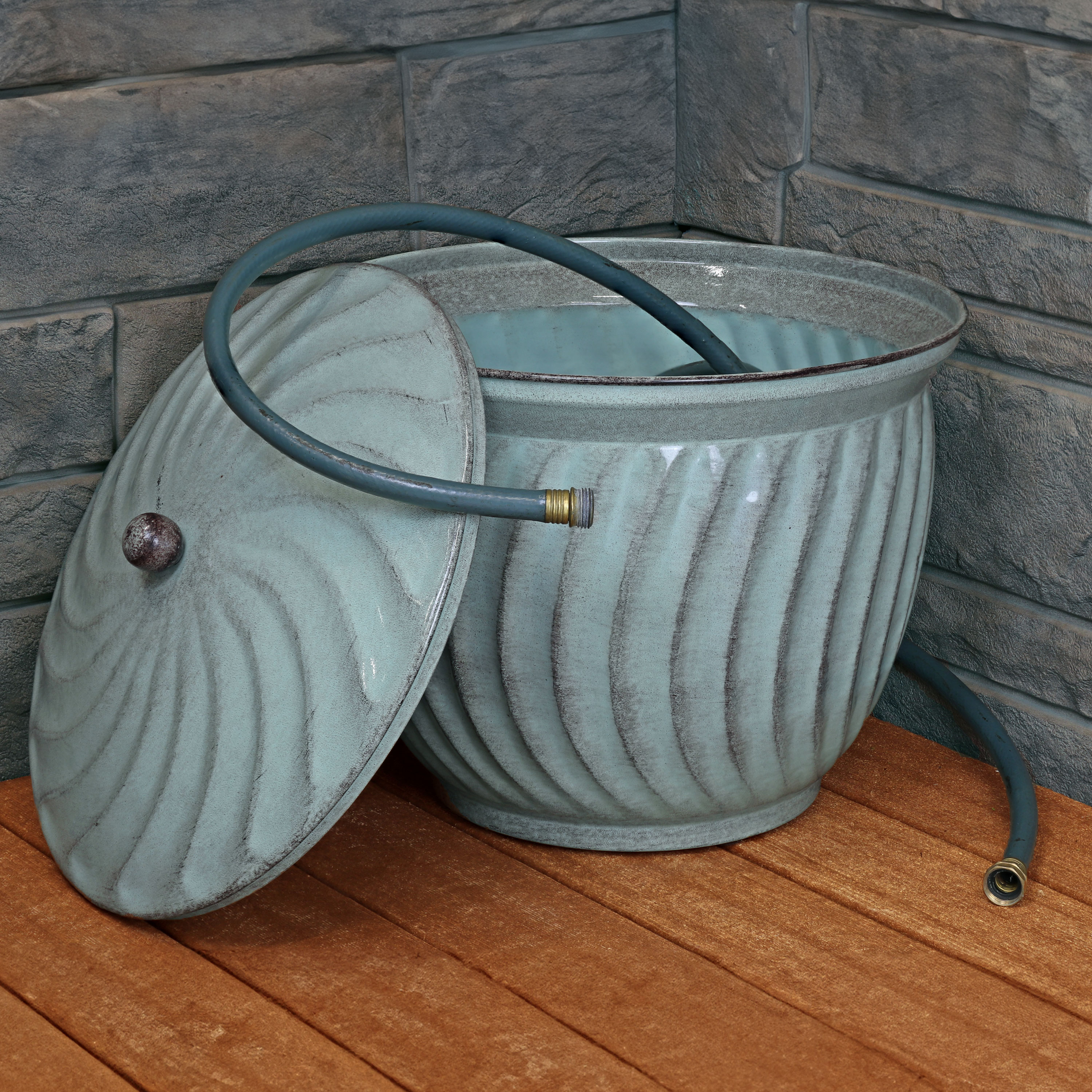 thumbnail video image 2 of Sunnydaze 19.5" Metal Decorative Garden Hose Holder Pot with Lid, Sage Molten Glaze, 2 of 14