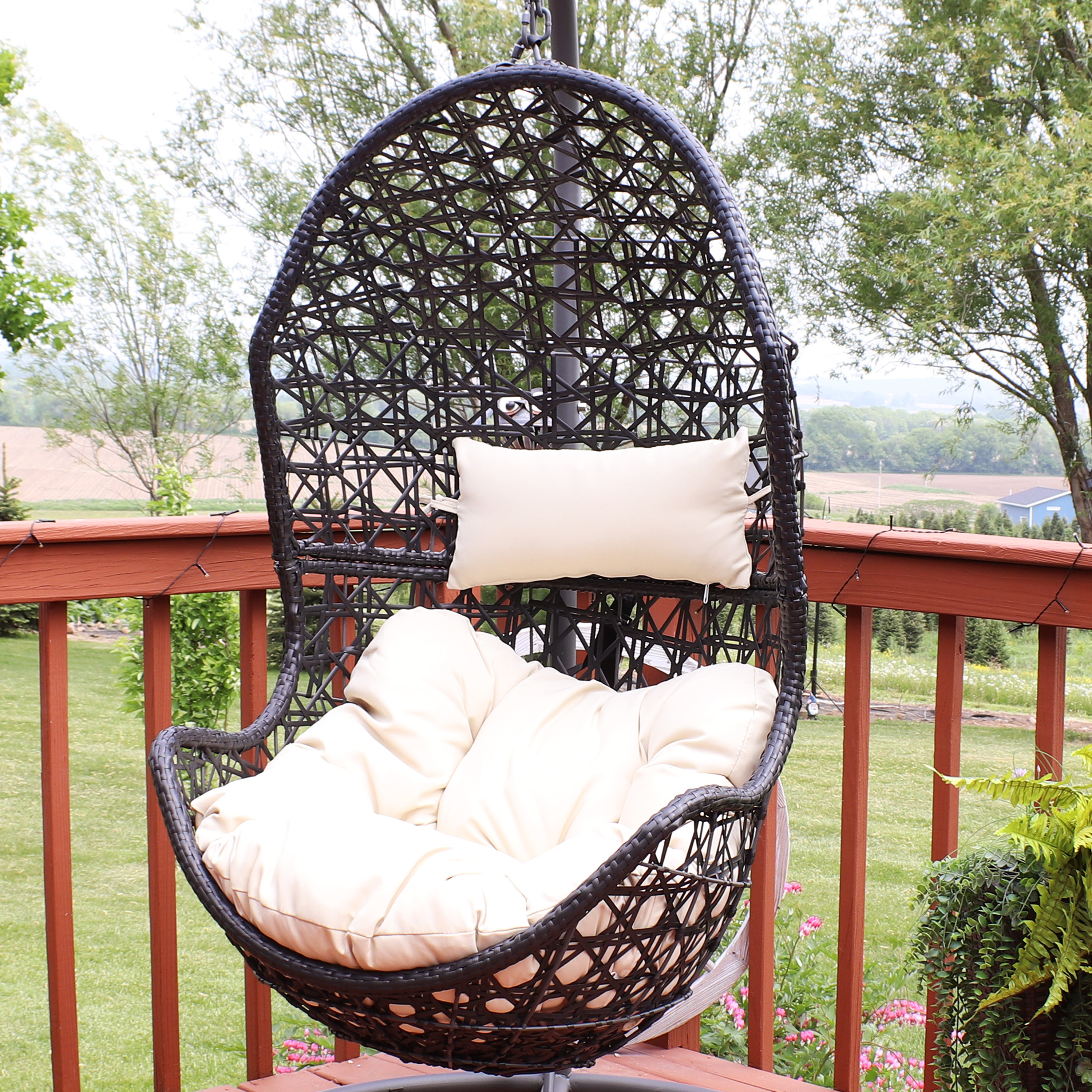 thumbnail video image 2 of Sunnydaze Cordelia Resin Wicker Egg Hanging Chair with Cushions, Gray, 2 of 9