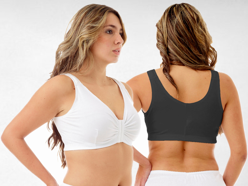 thumbnail video image 2 of Underworks Black Double Mastectomy Bra with Molded Pad Prosthesis Inserts - Cotton Adjustable Sleep and Leisure Bra - Padded Shoulders Black 48-50 B/C/D, 2 of 4