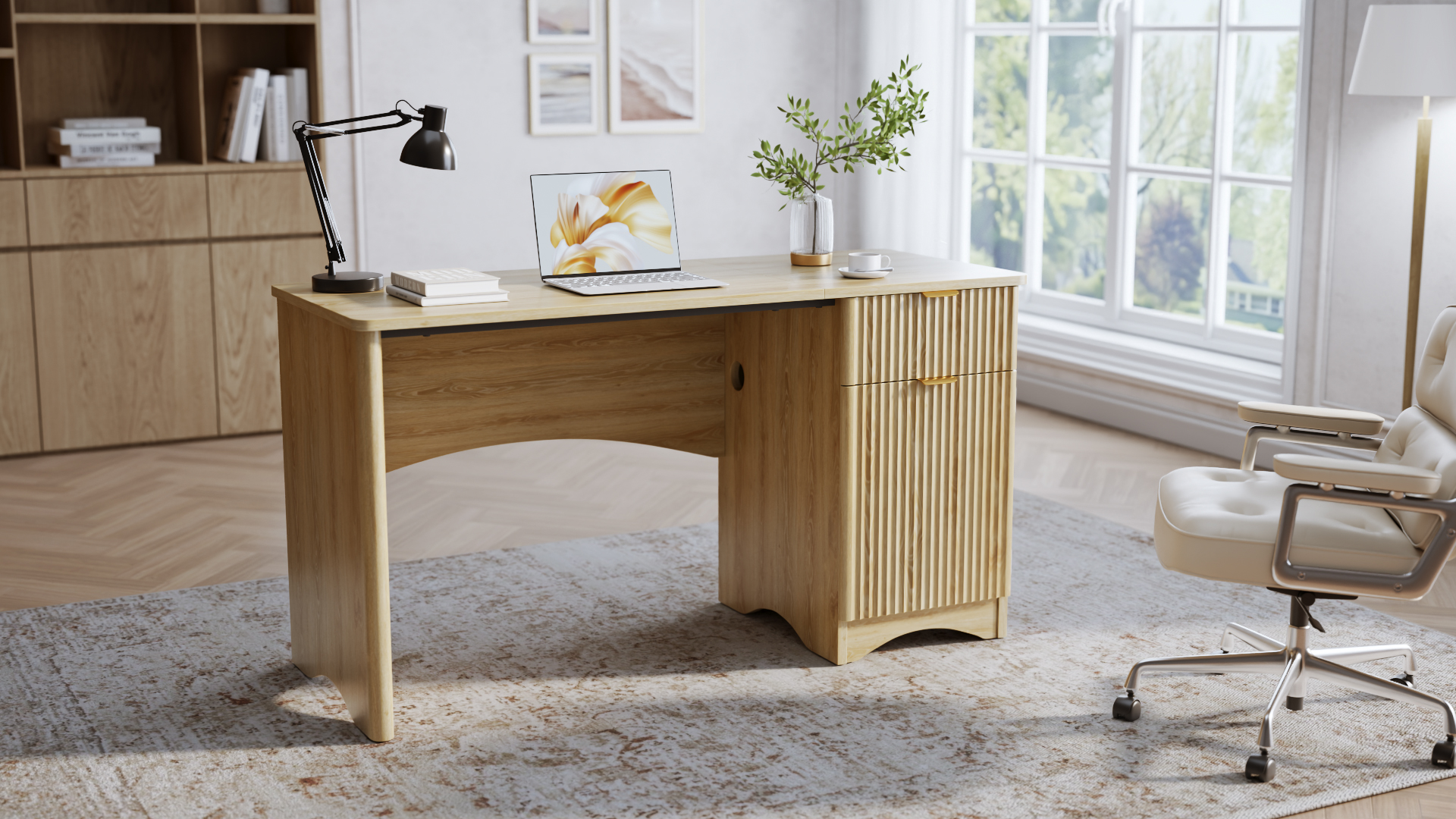 thumbnail video image 2 of Bestier 47" Computer Desk with Drawer, Modern Home Office Desk with Storage Cabinet, Fluted PC Study Writing Desk for Small Spaces, Brown Oak, 2 of 10