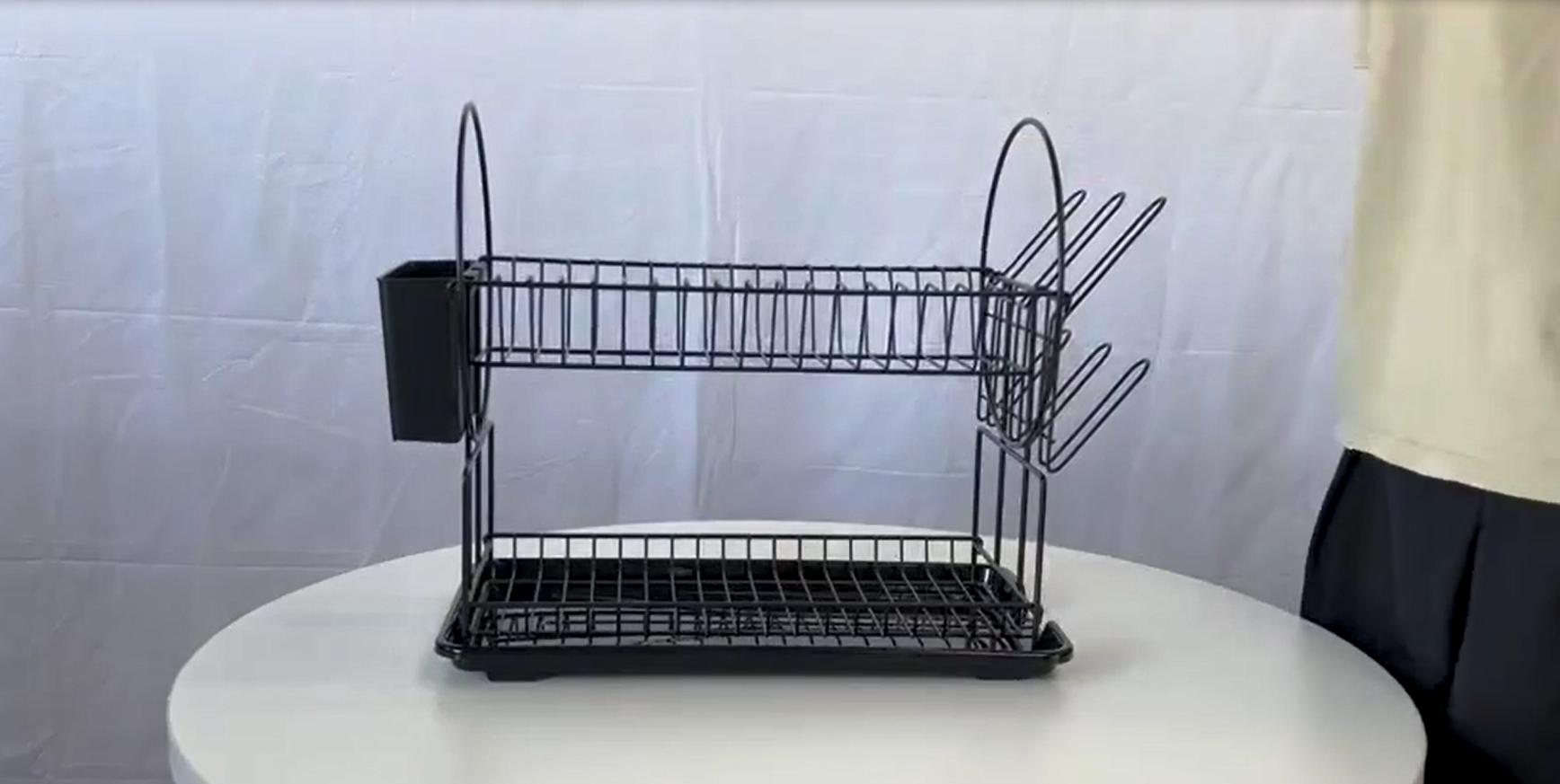 thumbnail video image 2 of NIFFGAFF Dish Drying Rack, Black 2 Tier Dish Drainer Racks with Tray, Cup Utensil Holder for Kitchen (15*9.3*14.6 in), 2 of 9