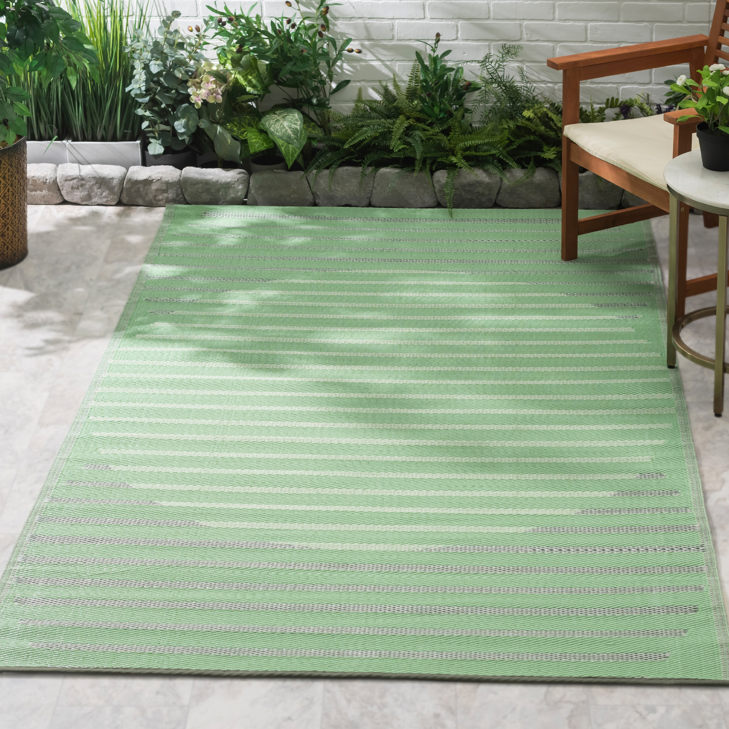 thumbnail video image 2 of Fab Habitat Striped Outdoor Rug - Waterproof, Fade Resistant, Crease-Free - Premium Recycled Plastic - Porch, Deck, Balcony, Mudroom, Laundry Room, Patio - Kyoto - Green - 3 x 5 ft, 2 of 8