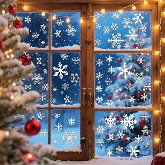 thumbnail video image 2 of Lockways 144 Pcs Christmas Snowflake Window Clings for Glass Xmas Glueless Clings Window Decoration for New Year Party, 2 of 10