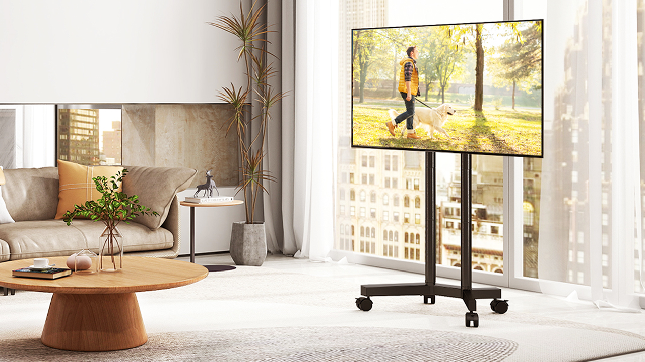 thumbnail video image 2 of RTVR Rolling TV Cart Stand for 32 to 70 inch Flat Curved Screens, Mobile TV Stand on Wheels, Metal Black, 2 of 11