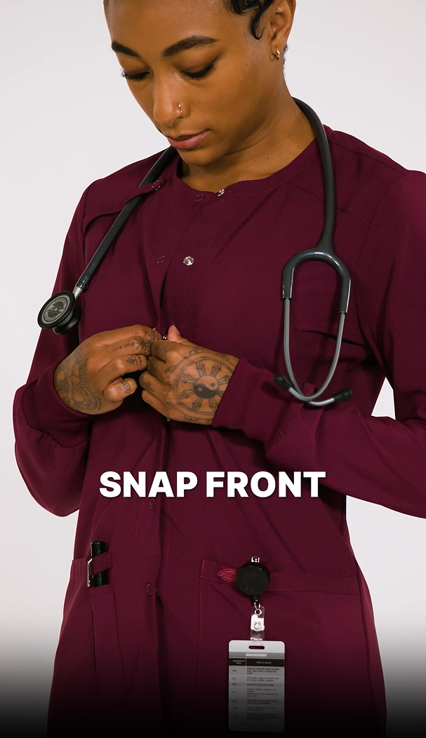 thumbnail video image 2 of Dickies EDS Essentials Warm Up Scrubs Jacket for Women Snap Front DK305, 2 of 9