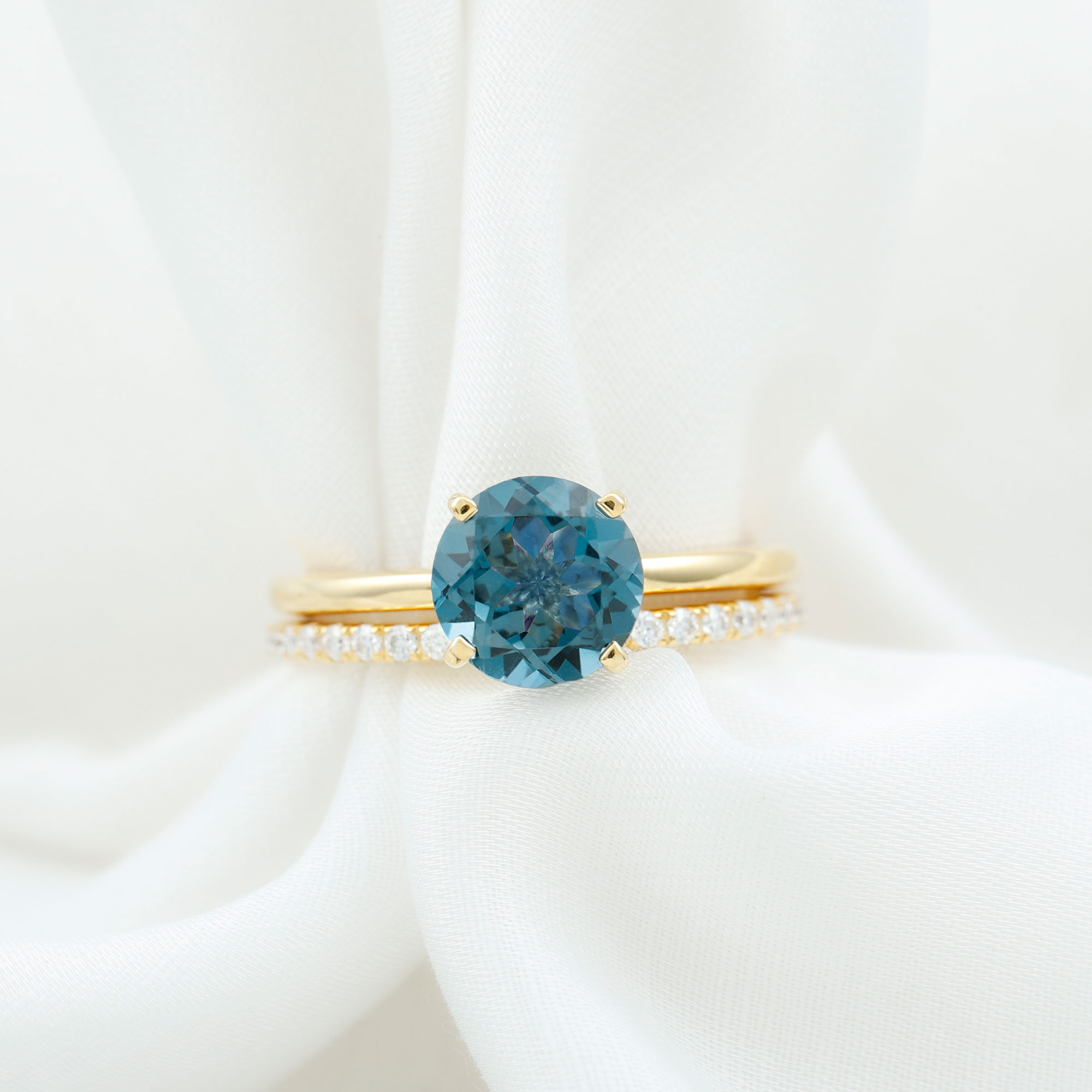 thumbnail video image 2 of Rosec Jewels London Blue Topaz Solitaire Bridal Ring Set with Diamond Enhancer (2 CT, AAA Grade), 10K White Gold, US 12.50, 2 of 9