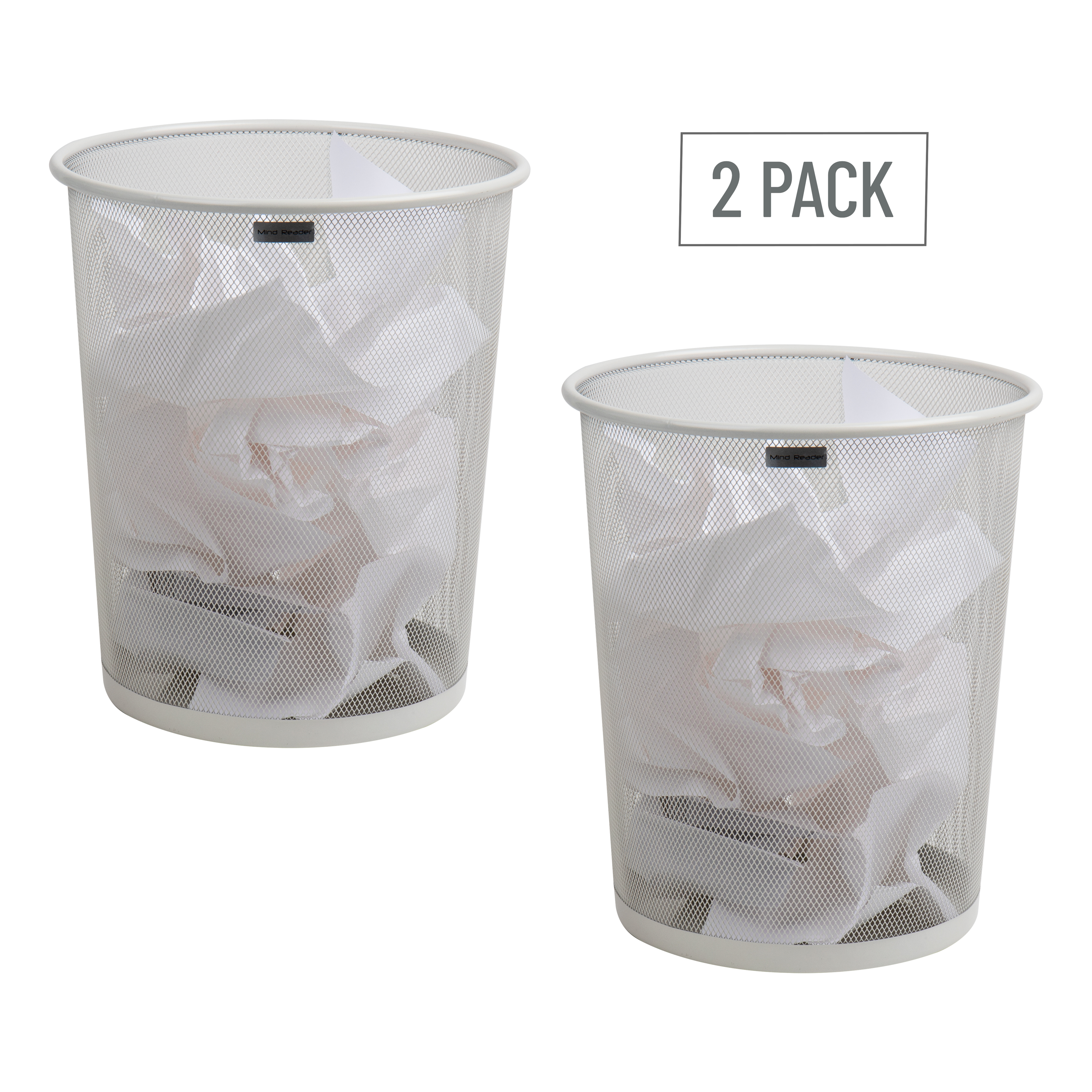 thumbnail video image 2 of Mind Reader Mesh Trash Can, 16.65L (4.4 gal), Waste Paper Basket, Round, Office, Metal Mesh, 11.5"L x 11.5"W x 13.75"H, Set of 2, White, 2 of 9