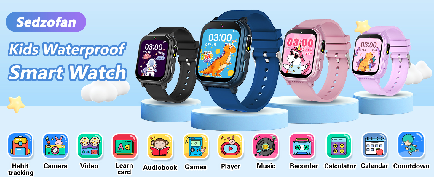 thumbnail video image 2 of Vakzovy Waterproof Smart Watch for Kids Toys，Boys Age 5-12 with 32 Games, Dual Camera, Habit Tracking, Music Player, Video, Alarm Clock, HD Touchscreen Kids Smart Watch Birthday Gift for 3-12 Year Ol, 2 of 9