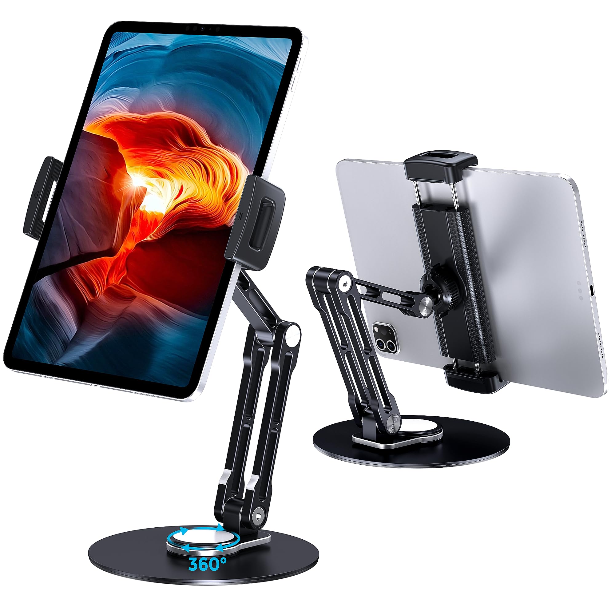 thumbnail video image 2 of CreaDream Tablet Stand Holder for iPad, Adjustable with 360 Rotating Base for Desk, Aluminum Tablet Stand with 11" Arm Compatible with iPad Air/Mini, 10.2/9.7, Pro 11/13 and More, Black, 2 of 8