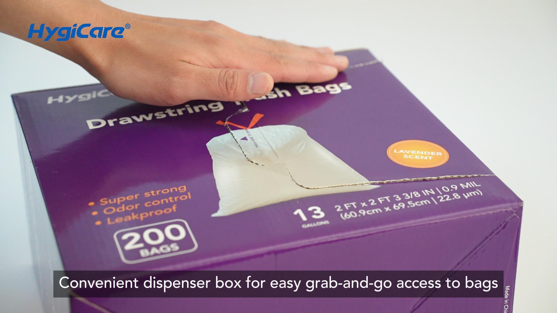 thumbnail video image 2 of HygiCare 13 Gallon Tall Kitchen Drawstring Trash Bags, 200 Count, Lavender Scent, Super Strong, Leakproof, 2 of 10