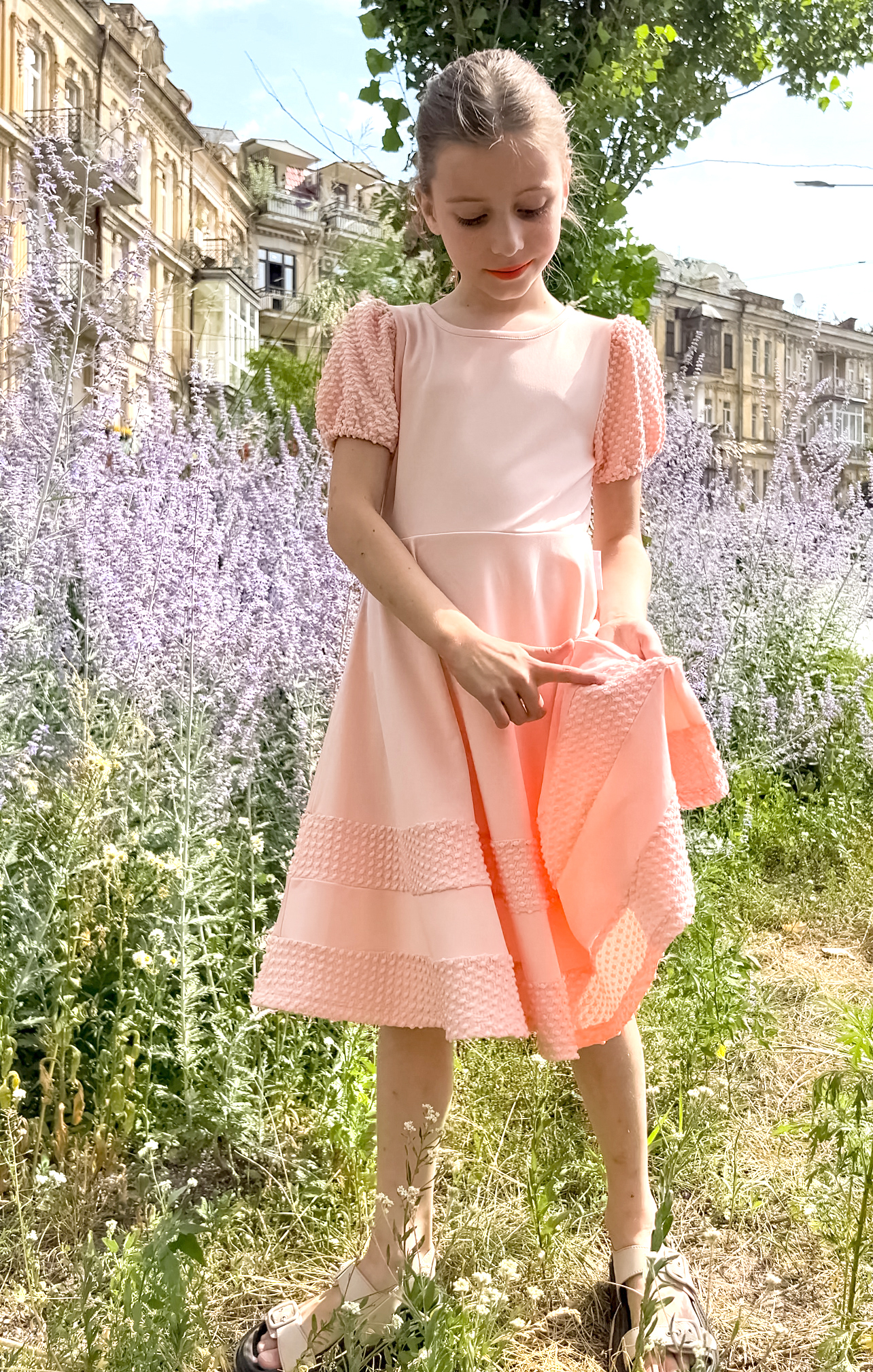 thumbnail video image 2 of Girls Dress Pink Solid A-line Vintage Puff Sleeve Spring Summer 4 Years, 2 of 8