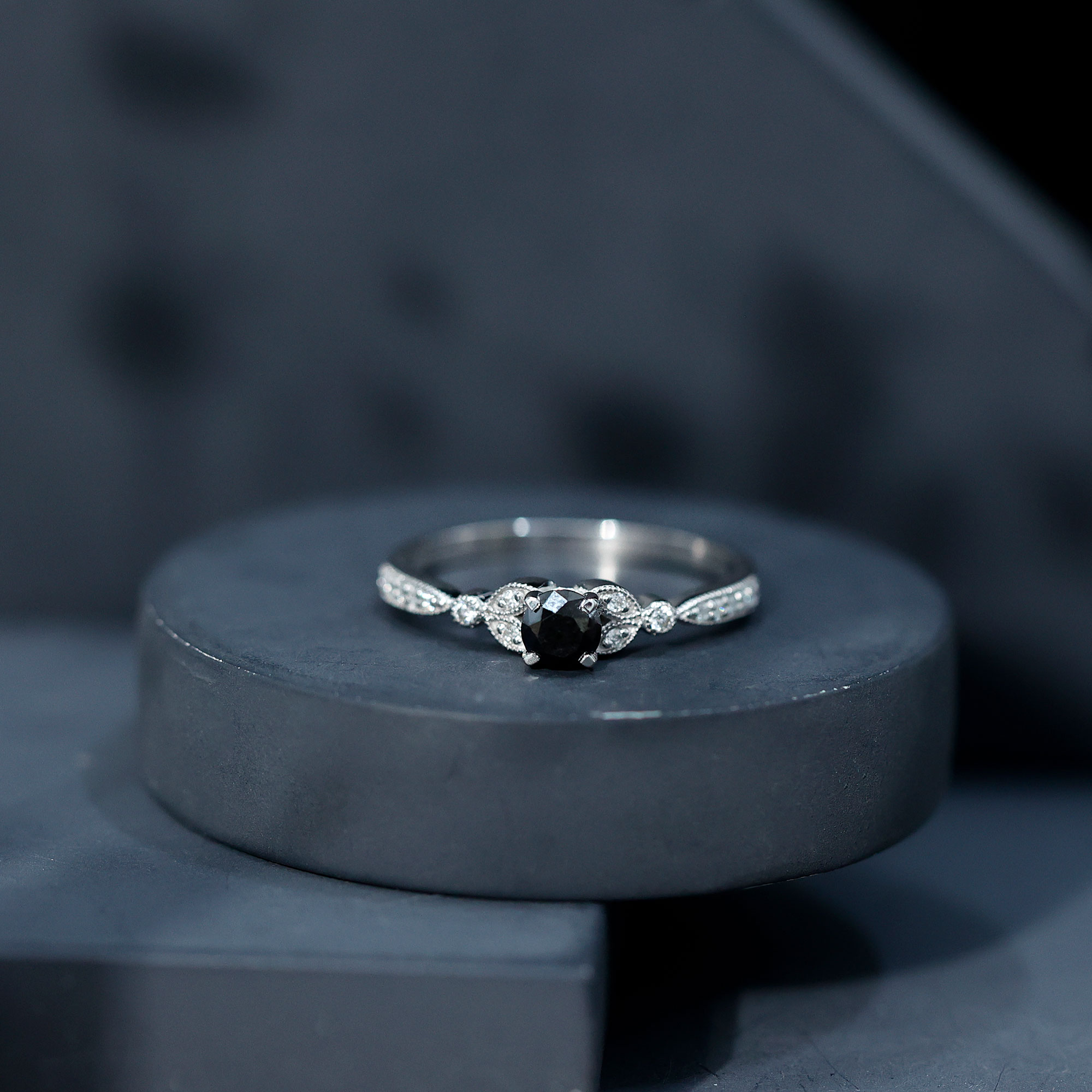 thumbnail video image 2 of Rosec Jewels Natural Black Onyx Engagement Ring with Diamond - Vintage Style Ring - AAA Quality - with Jewelry Box, 18K White Gold, US 10.00, 2 of 9