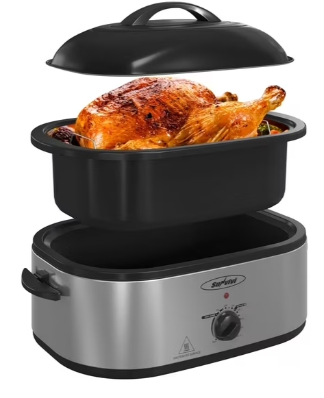 thumbnail video image 2 of Sunvivi 20 Quart Electric Roaster Oven Turkey Roaster with Lid , Removable Pan Large Roaster, Self-Basting Lid, Silver, 2 of 8