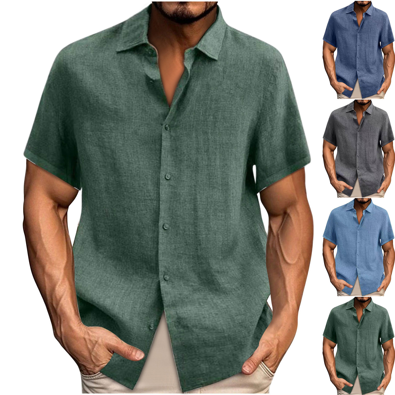 thumbnail video image 2 of WREESH Men's Summer Casual Button Down Dress Cotton Linen T-Shirt Solid Short Sleeve Stand Collar Shirt Tops Light Blue, 2 of 6