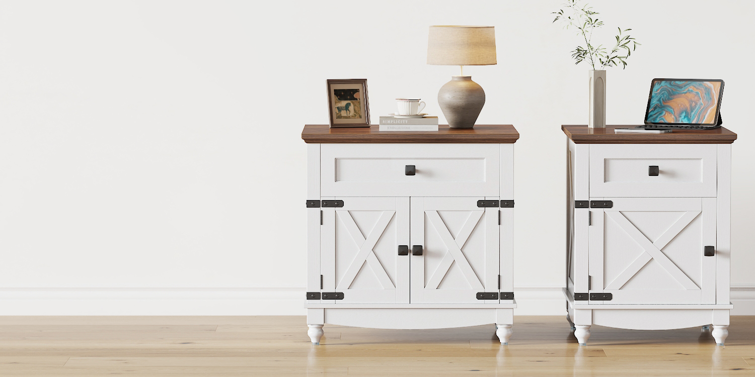thumbnail video image 2 of Flycity End Table with Drawers and Storage Cabinet, 25 Inch Bedside Table with Adjustable Shelf, Wood Nightstand with Door, Side Table for Living Room Bedroom Office, 2 Doors, 2 of 8