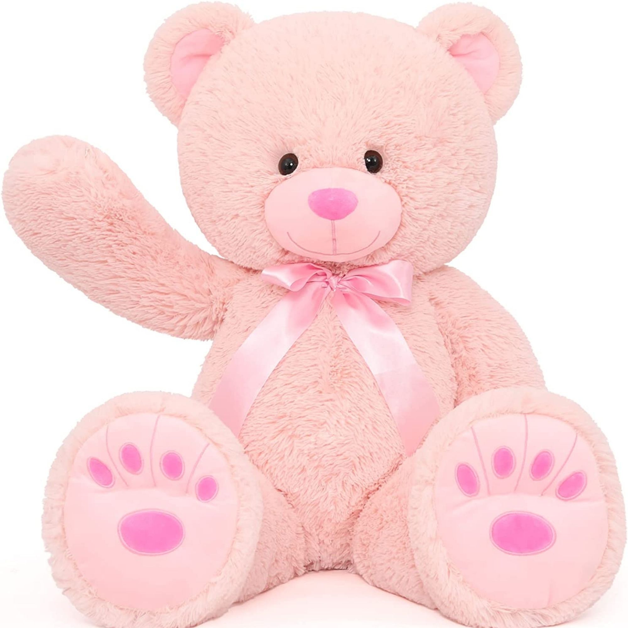 thumbnail video image 2 of MorisMos Pink Giant Teddy Bear 35.4" Stuffed Animal Soft Big Plush Toy with Bowknot and Footprint, 2 of 8
