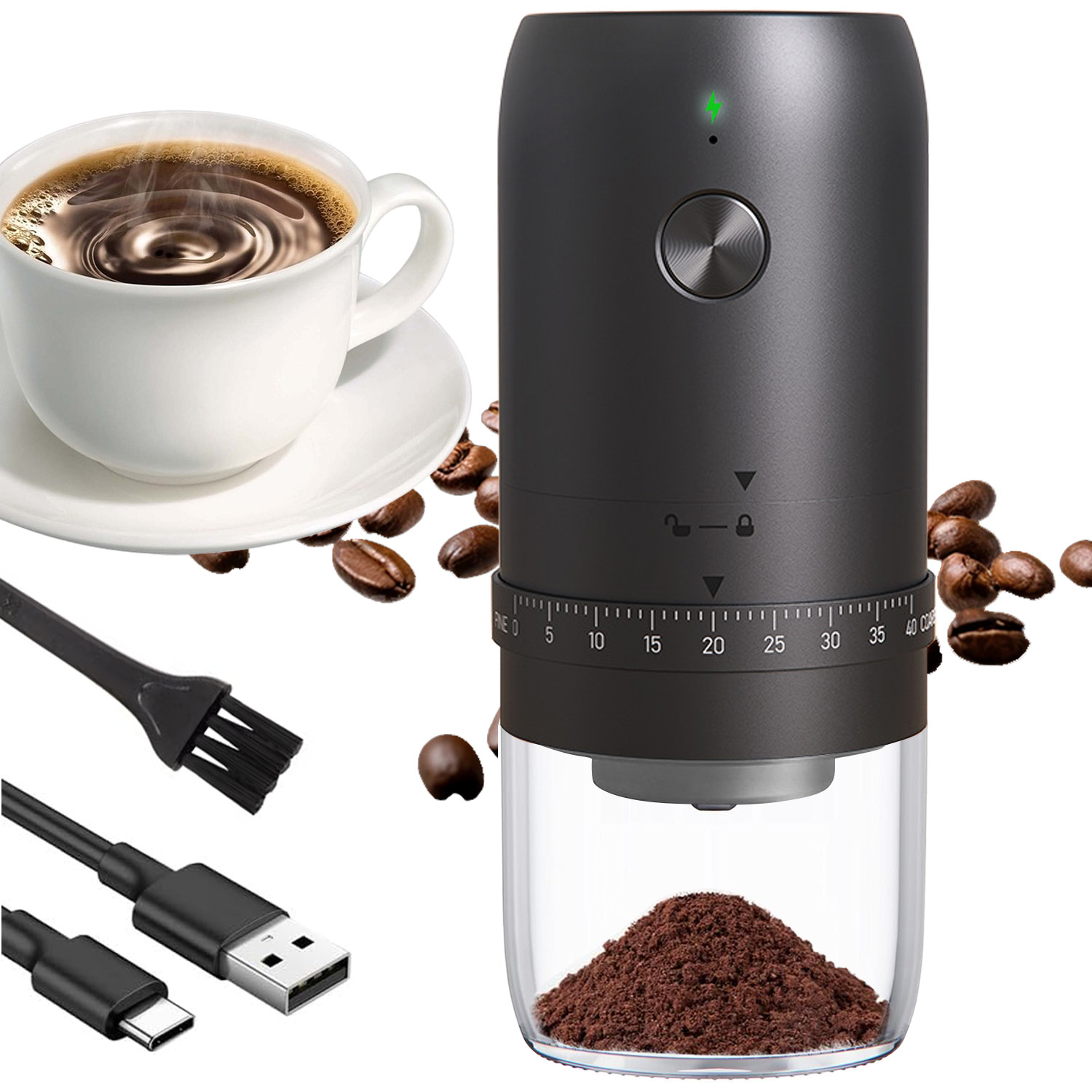 thumbnail video image 2 of Soulfox Portable Rechargeable Electric Burr Coffee Grinder with 40 Adjustment Grind Settings, Small Mini for Travel,Camping,Home,Espresso,Kitchen,ABS, 2 of 13
