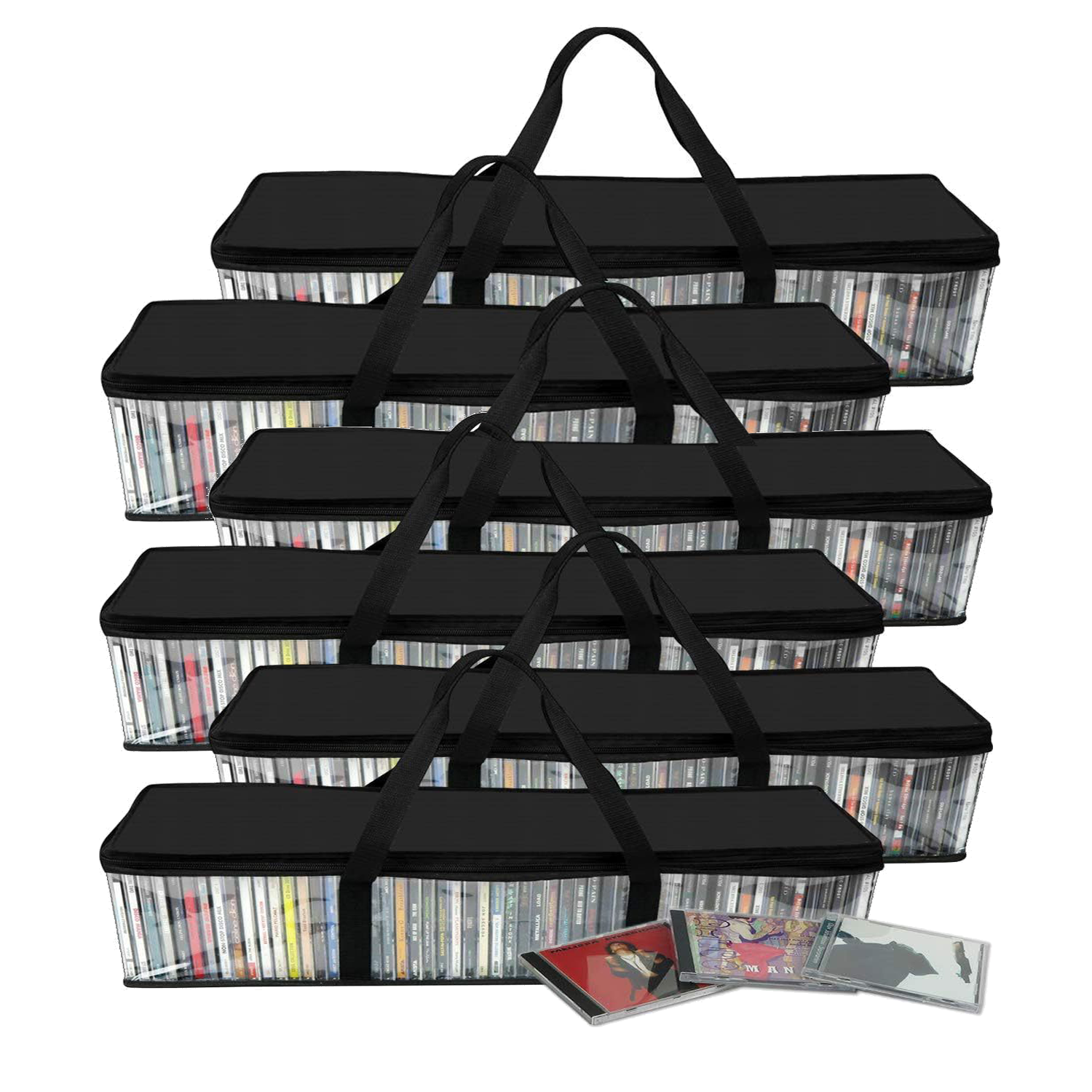 thumbnail video image 2 of Set of 6 DVD Storage Bags Media Organizer Bag for DVDs, CDs, Blu Ray Disc, Movie Cases, Video Game Disks, Clear Plastic Holders with Carrying Handles and Zipper - Black, 2 of 7