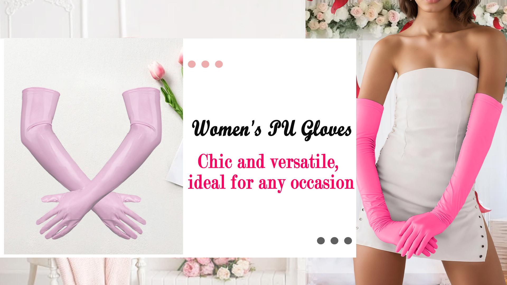thumbnail video image 2 of Ausing Womens PU Leather Gloves Shiny Metallic Wet Look Elbow Length Club Outfits Accessory for Party Opera Fuchsia S, 2 of 7