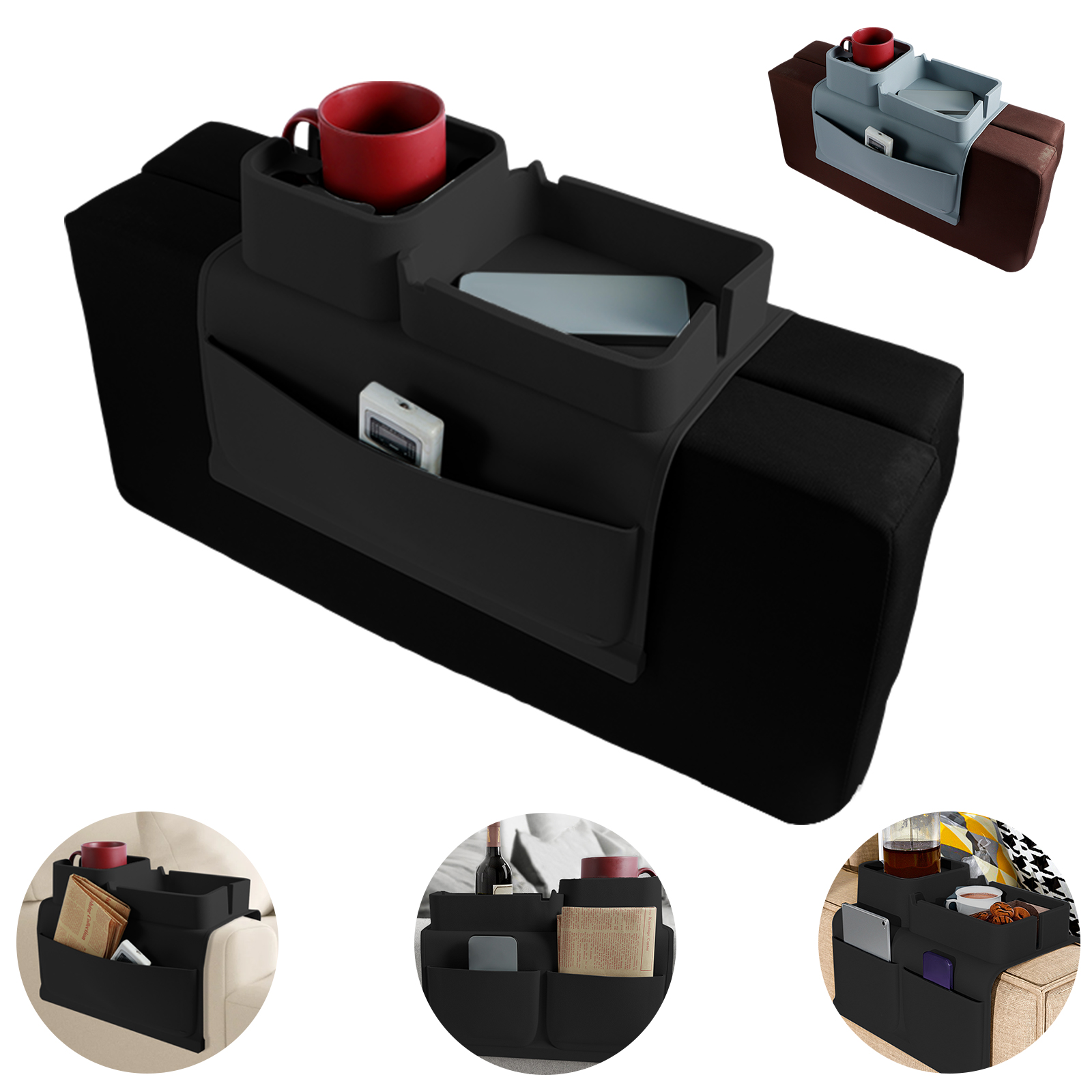 thumbnail video image 2 of FUYGRCJ Couch Cup Holder Tray Silicone Sofa Armrest Tray with Side Pockets Anti Spill and Anti Slip Couch Caddy Large Capacity Sofa Armrest Organizer for Holding Cups Drinks Remote Phones and Snacks, 2 of 11