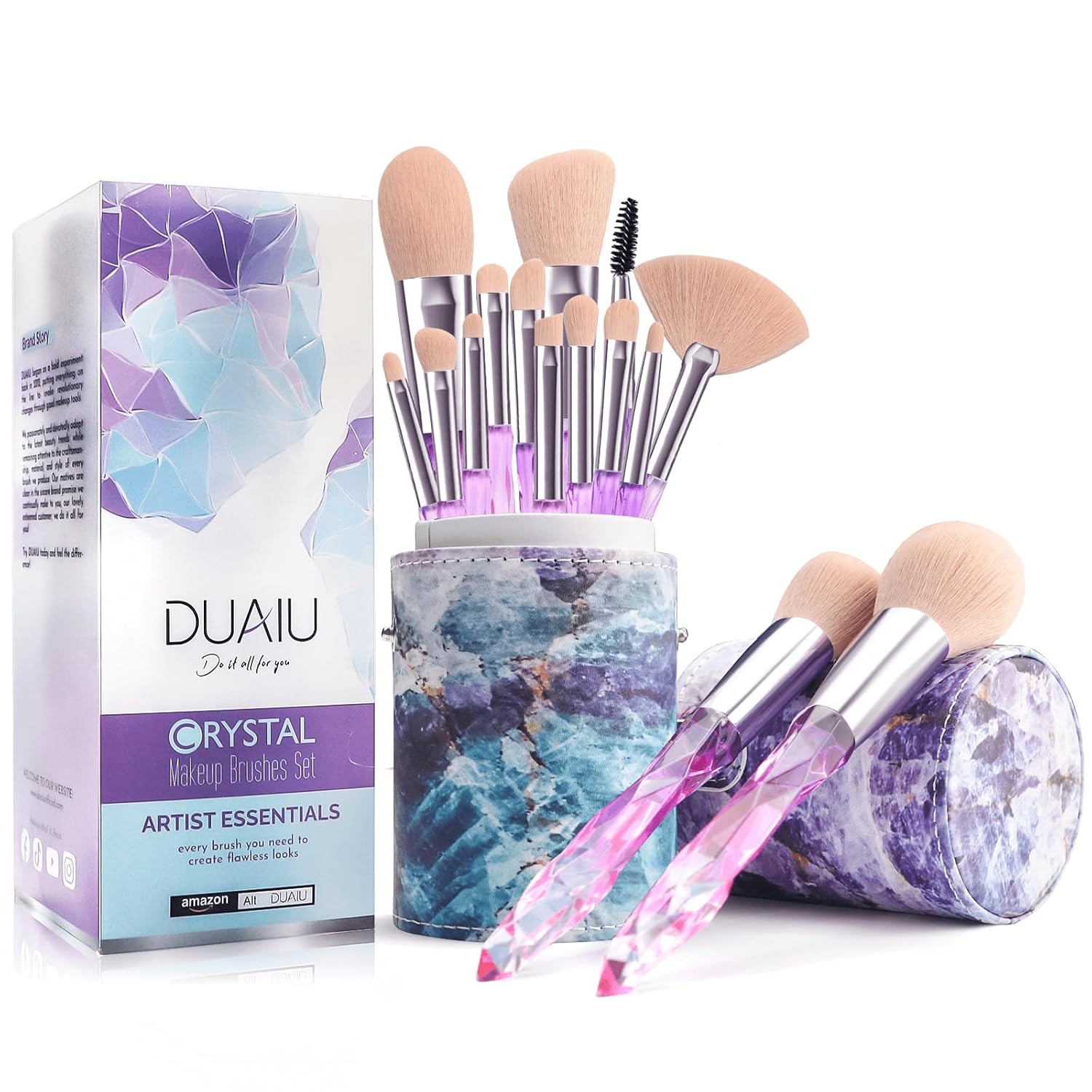 thumbnail video image 2 of DUAIU Makeup Brushes 15pcs Premium Synthetic Bristles Crystal Handle Set Kabuki Foundation Brush Face Lip Eye Makeup Brush Sets Professional with Starry Gift Box（Pink), 2 of 7