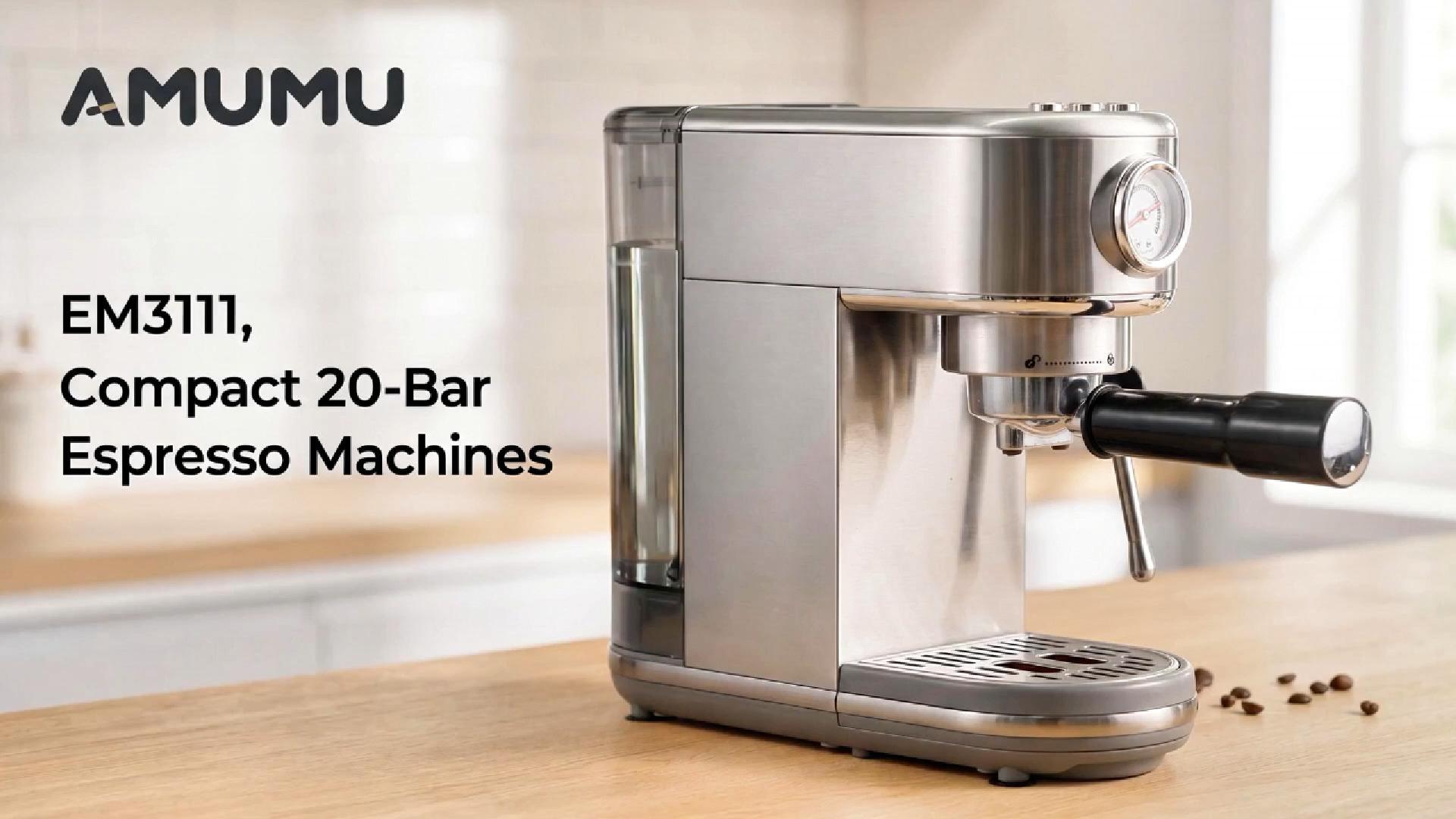 thumbnail video image 2 of 20 Bar Espresso Machine with Milk Frother, Steam Wand & Pressure Gauge, Amumu Compact Stainless Steel Coffee Maker for Cappuccino & Latte, Silver, 2 of 9