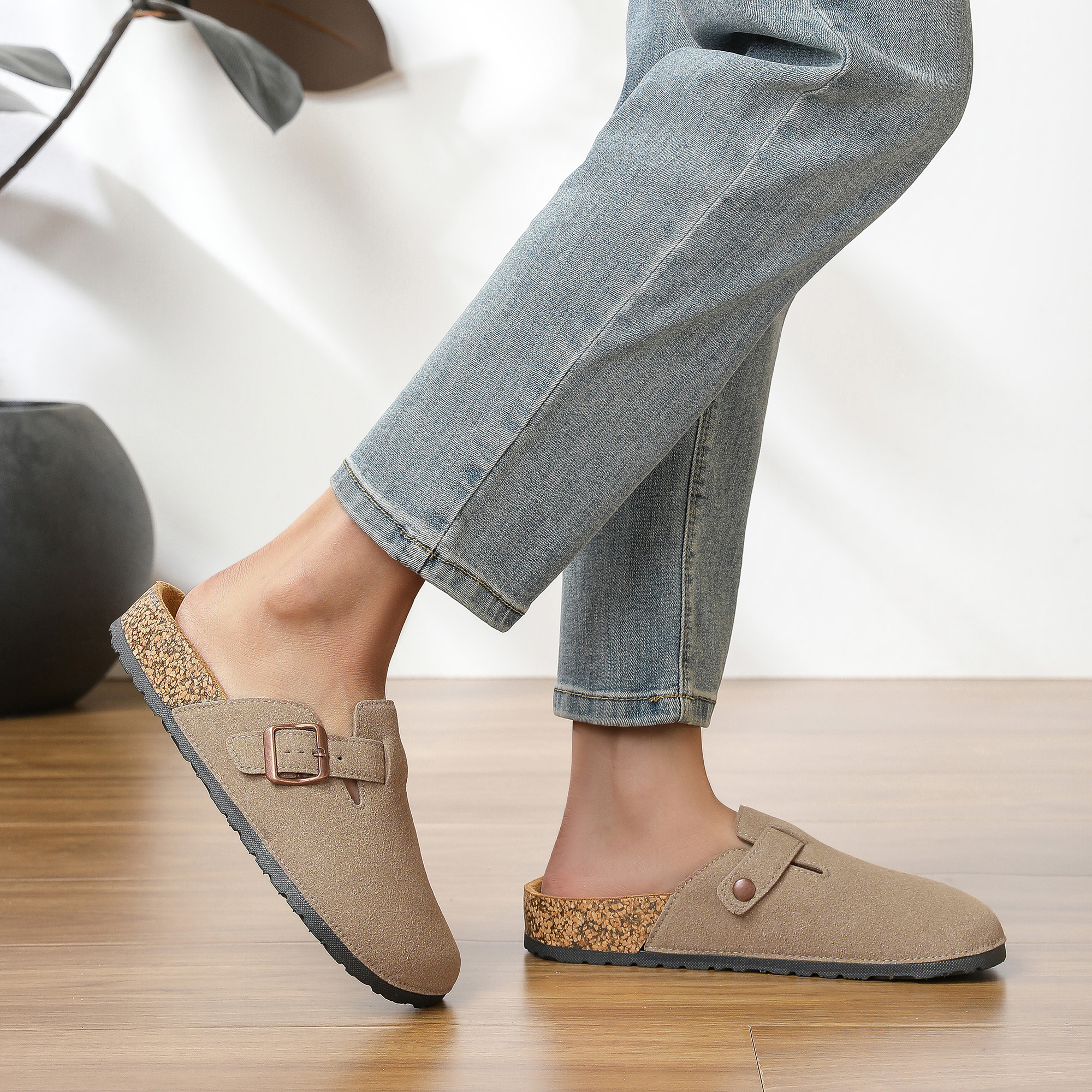 thumbnail video image 2 of Northblanc Clogs for Women Soft Cork Footbed Suede Leather Mules Comfort Potato Shoes with Arch Support, 2 of 9