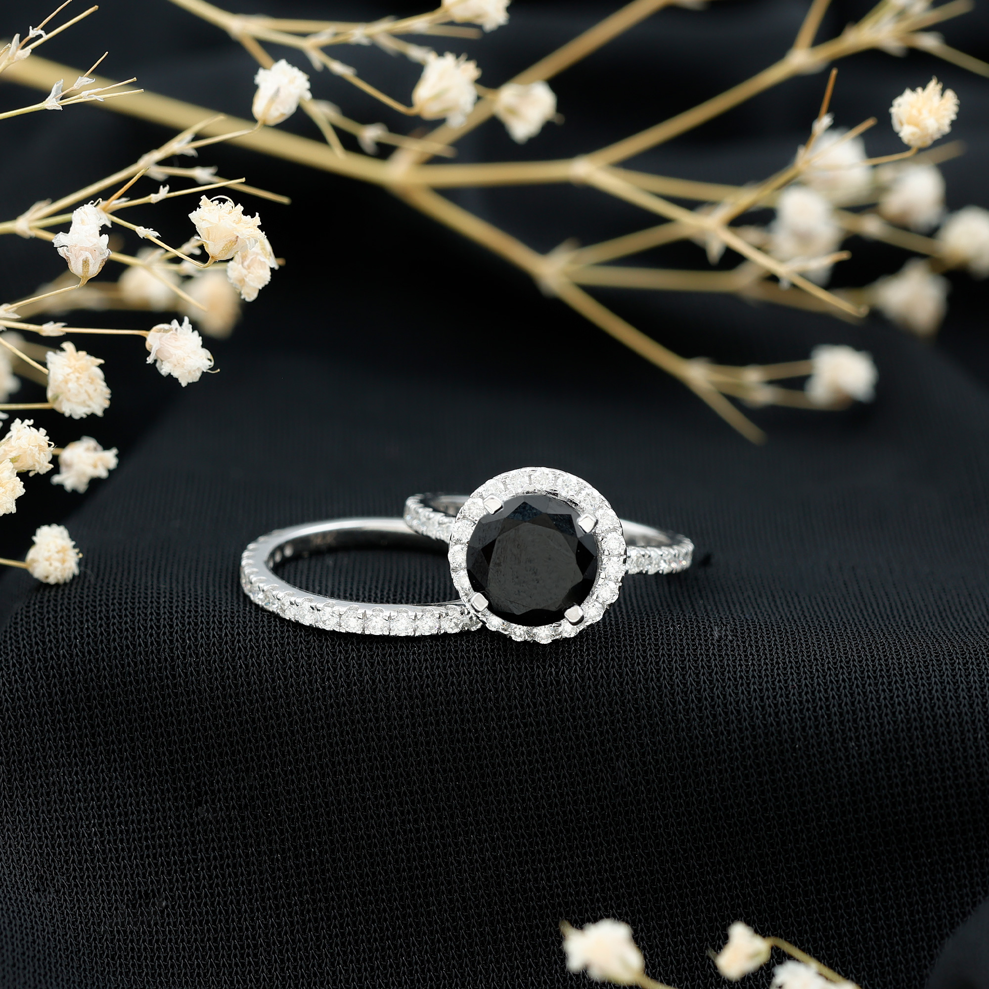 thumbnail video image 2 of Rosec Jewels Lab Grown Black Diamond Wedding Bridal Ring Set for Women - AAAA Quality - Halo Engagement Ring with Enhancer, 925 Sterling Silver, US 4.00, 2 of 8