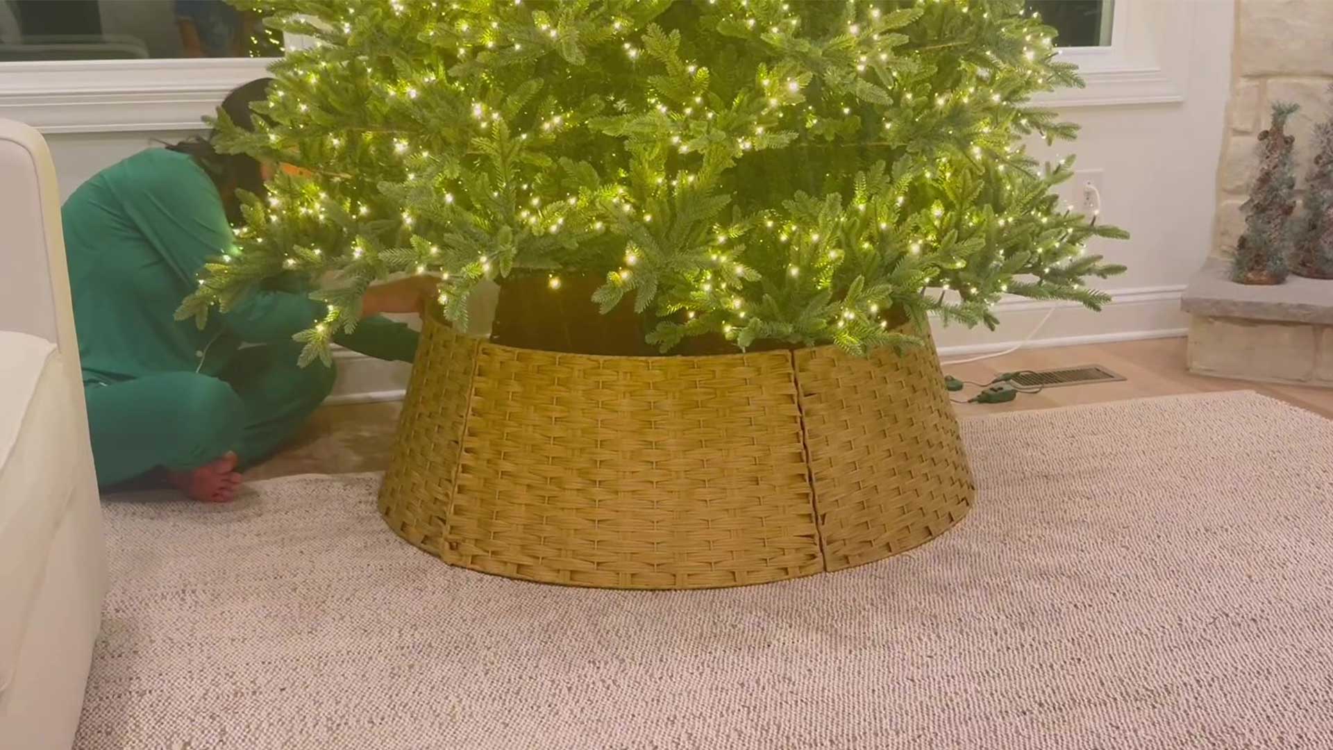 thumbnail video image 2 of 42in Extra Large Tree Collar, Christmas Tree Decorations for 9-12 ft Tree, Boho Rustic Holiday Decor Xmas Tree Ring, Basket Base Cover - Light Brown Round, 2 of 8