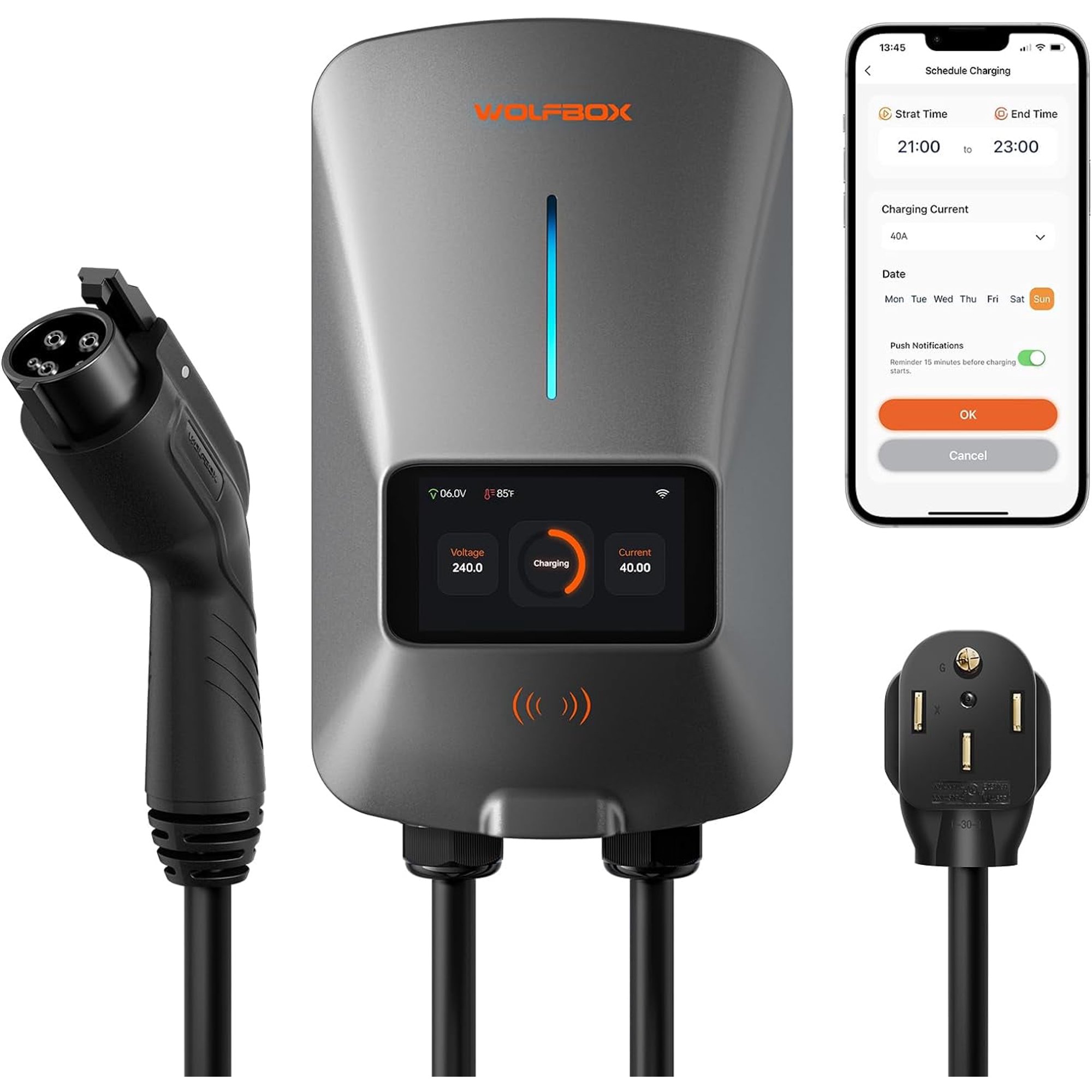 thumbnail video image 2 of WolfBox EV Charger, Level 2 EV Vehicle Charging Station, 240V 40 Amp with NEMA 14-50 Plug, Wifi Enabled Electric Car Charger, Smart Display, RFID Card, Grey, 2 of 12