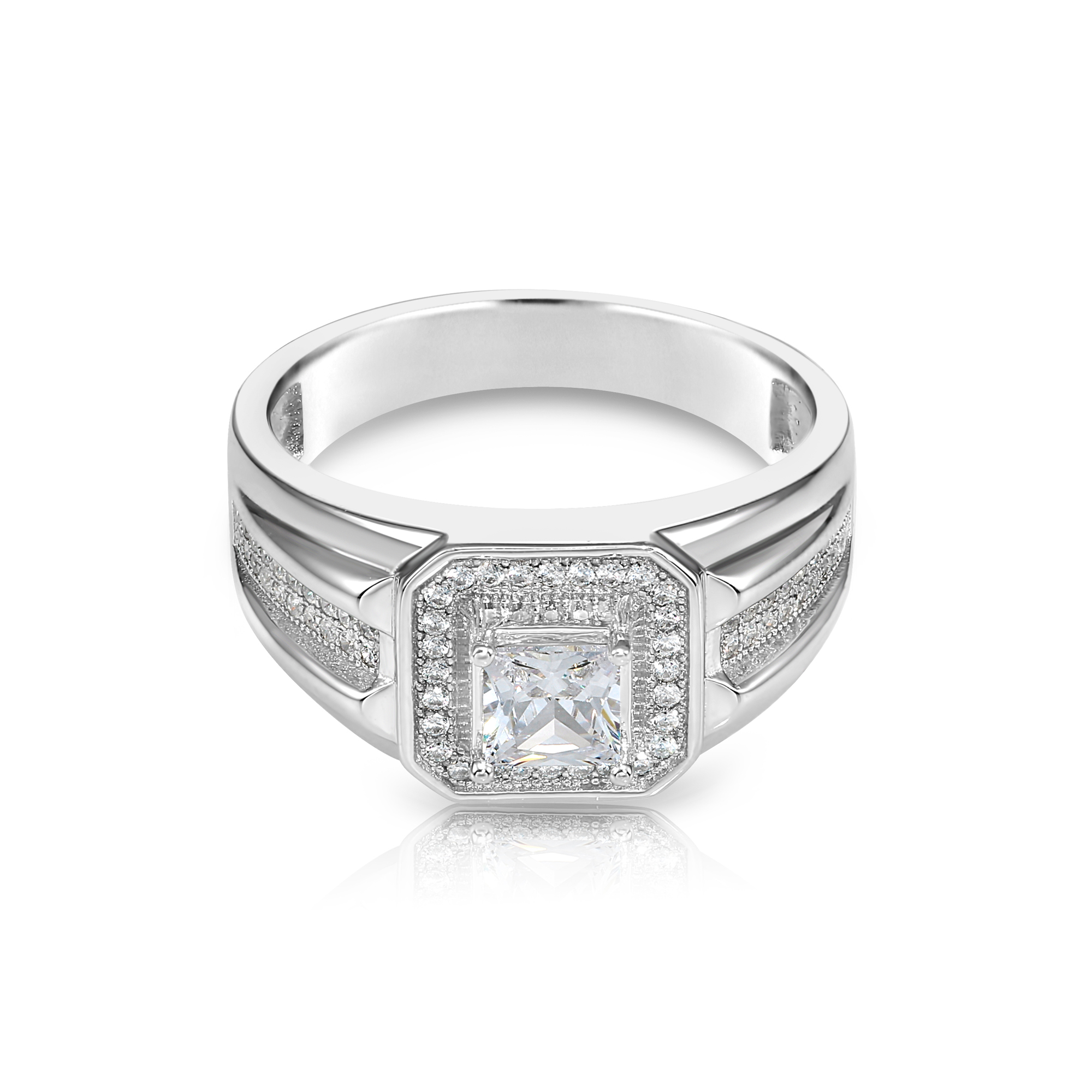 thumbnail video image 2 of Tilo Jewelry Solid 925 Sterling Silver Solitaire Halo Princess-Cut Pave Band | Size 13 | Classic Statement Pinky Ring for Men, 2 of 7