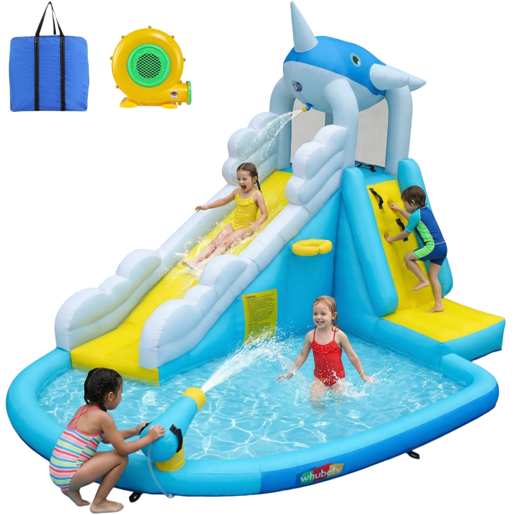 thumbnail video image 2 of Adnoom Inflatable Water Slide with 480W Blower, Bounce House for Kids Backyard, Bouncy Castle with Large Pool/Basketball Hoop, Inflatable Water Park with Whale Water Slide/Climbing Wall/Water Cannon, 2 of 10