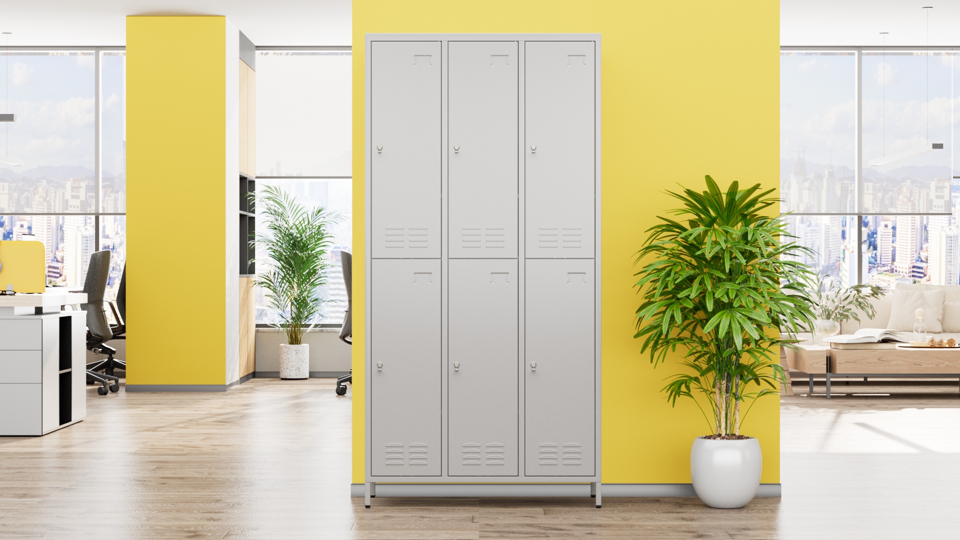 thumbnail video image 2 of GangMei 72 inches Metal Storage Cabinet Locker for Employee, Steel Storage Wardrobe Cabinet with 6 Doors, Lockable Steel Locker for Home, Bedroom, Office, Gym, School(Light Gray), 2 of 9