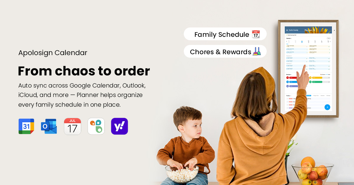 thumbnail video image 2 of Apolosign 15.6-inch Smart Digital Calendar & Home Hub - Dual-Mode Family Wall Planner, One-Touch Privacy Photo Shield, Auto-Sync Google/iCloud, Meal & Chore Tracker, Message Board, Grey, 2 of 22