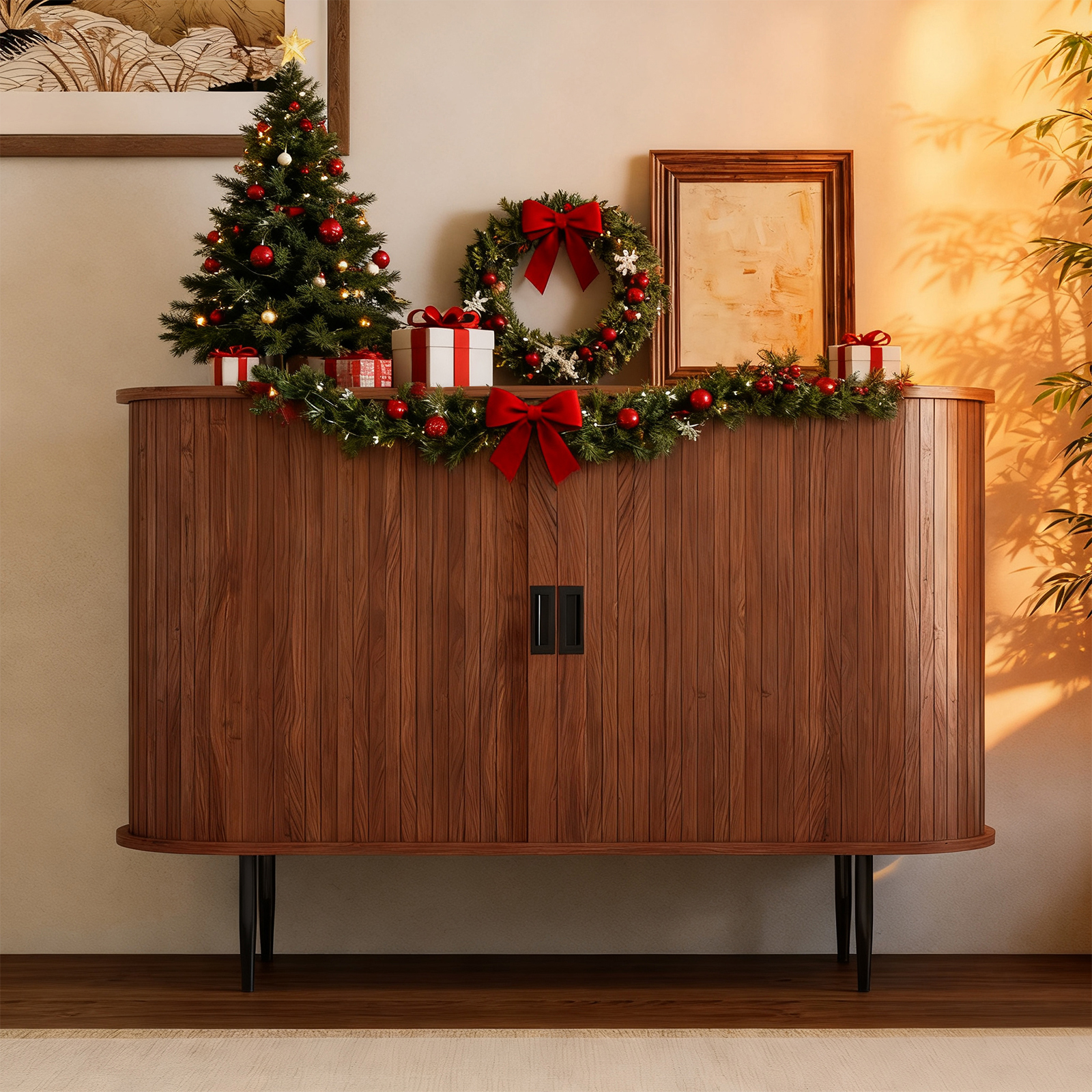 thumbnail video image 2 of HLR 47.2" W Fluted Sideboard Buffet Cabinet with Storage, Mid-Century Console Table Credenza with Tambour Doors, Black, 2 of 11