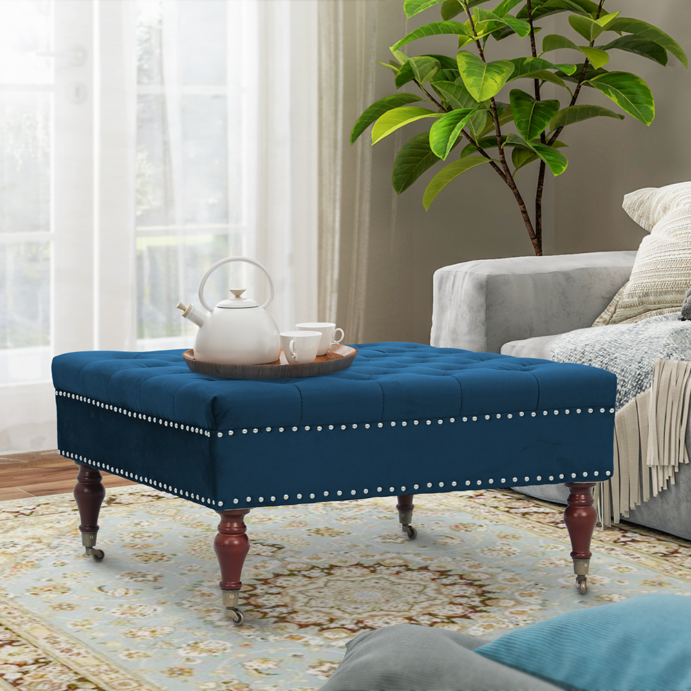 thumbnail video image 2 of Square Navy Velvet Tufted Upholstered Cocktail Ottoman with Wheels, 2 of 6