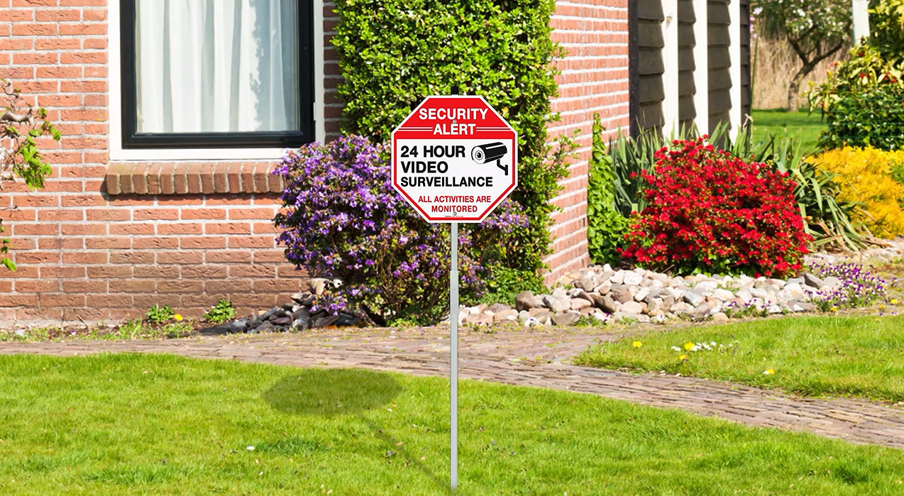 thumbnail video image 2 of Faittoo Security Video Surveillance Sign - 2-Pack 12"x12" Reflective Rust-Free Aluminum, 36" Outdoor Stake, Red/Black/White, 2 of 7