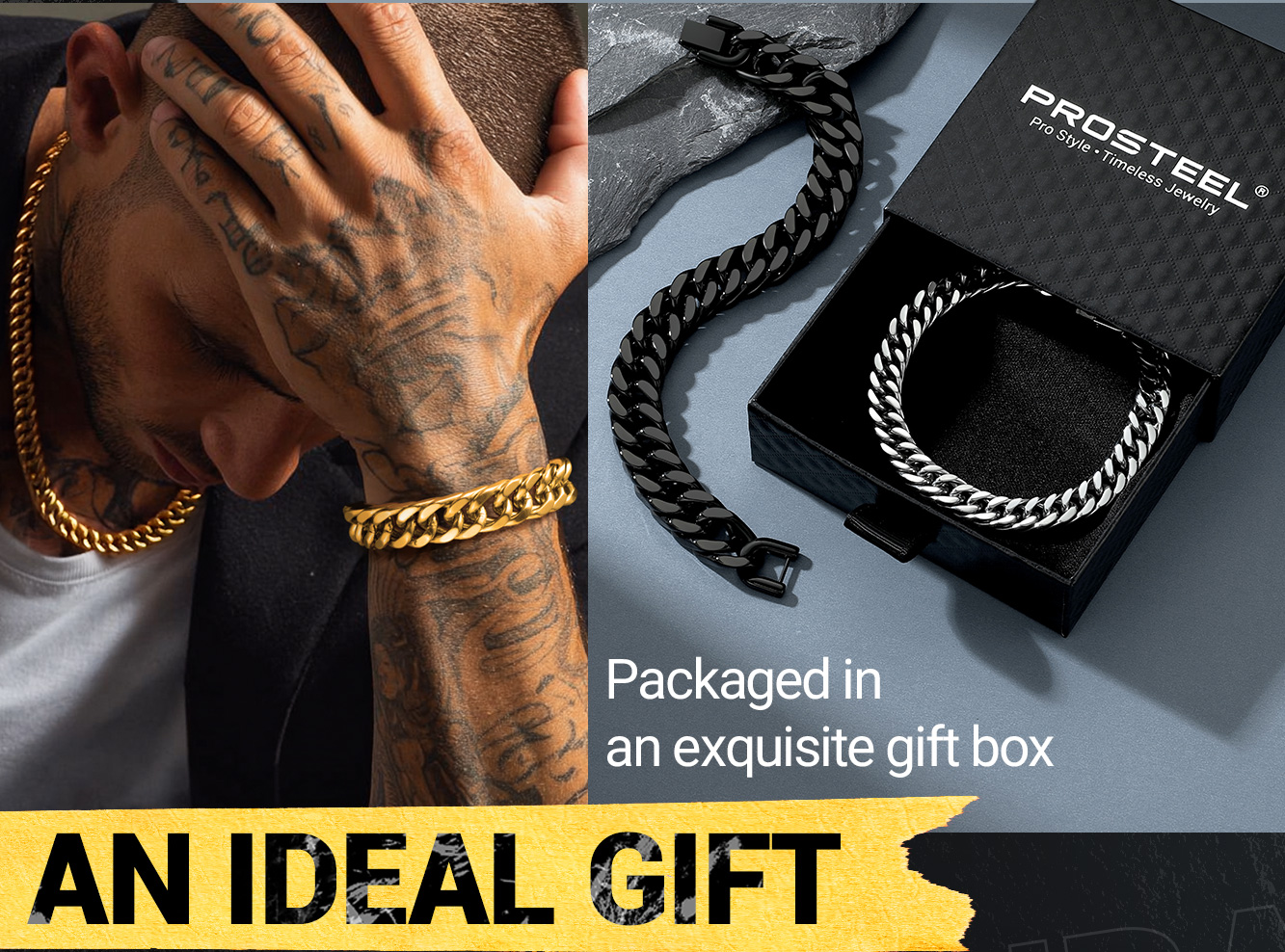 thumbnail video image 2 of PROSTEEL Men Stainless Steel 17mm Cuban Chain Bracelets Chunky Franco Gold Plated Chain Bracelet 9 inch Chains Jewelry Birthday Valentine Graduation Father Day Gifts, 2 of 9