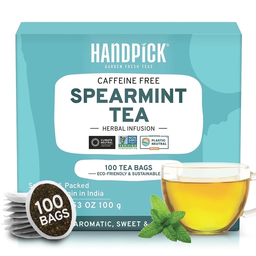 thumbnail video image 2 of HANDPICK, Spearmint Tea Bags (100 Herbal Tea Bags) |Refreshing Mint Tea | Non-GMO | Round Eco-Conscious Teabags, 2 of 12
