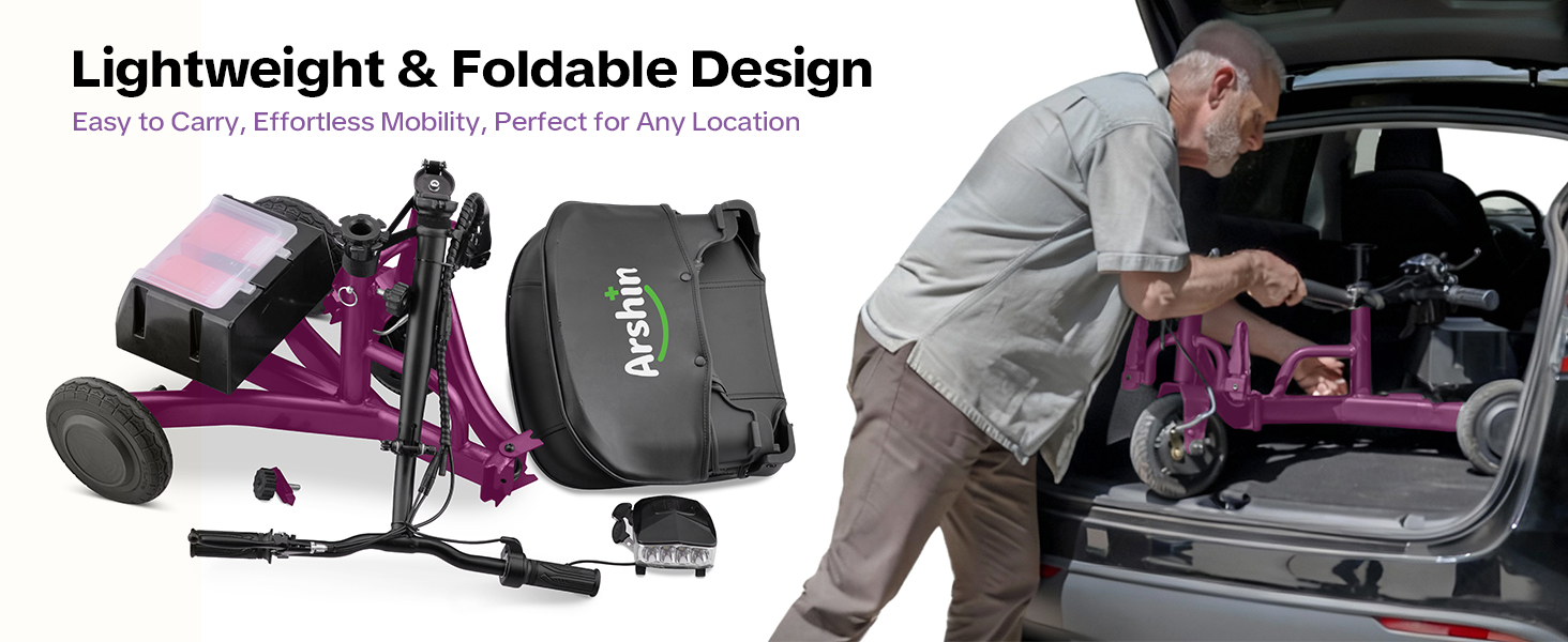 thumbnail video image 2 of Ultra-Lightweight Foldable Mobility Scooters for Seniors & Adults,All Terrain Mobility Scooter with 300lbs,Arshin Electric Wheelchair Strong Device for Travel,2 Batteries,Variable Speed(Purple), 2 of 9