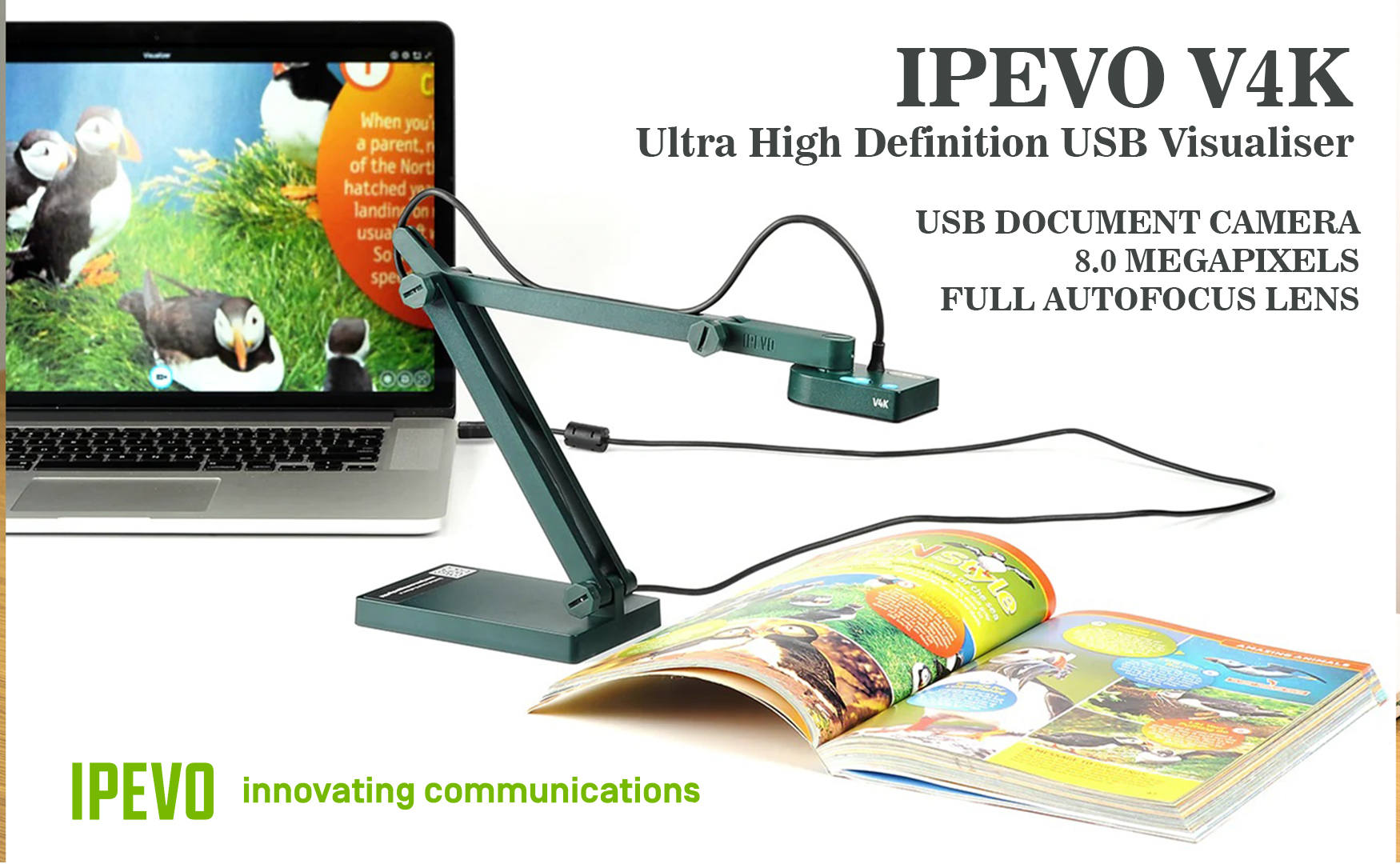 V4K Ultra High Definition USB Document Camera with 8MP, High Video
