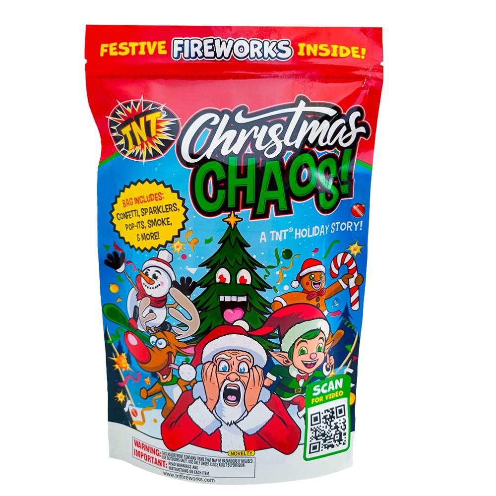 thumbnail video image 2 of TNT Fireworks, Christmas Choas, 3- Pack, Novelty Set, Party Poppers, Sparklers, Smoke, Snaps, 2 of 10
