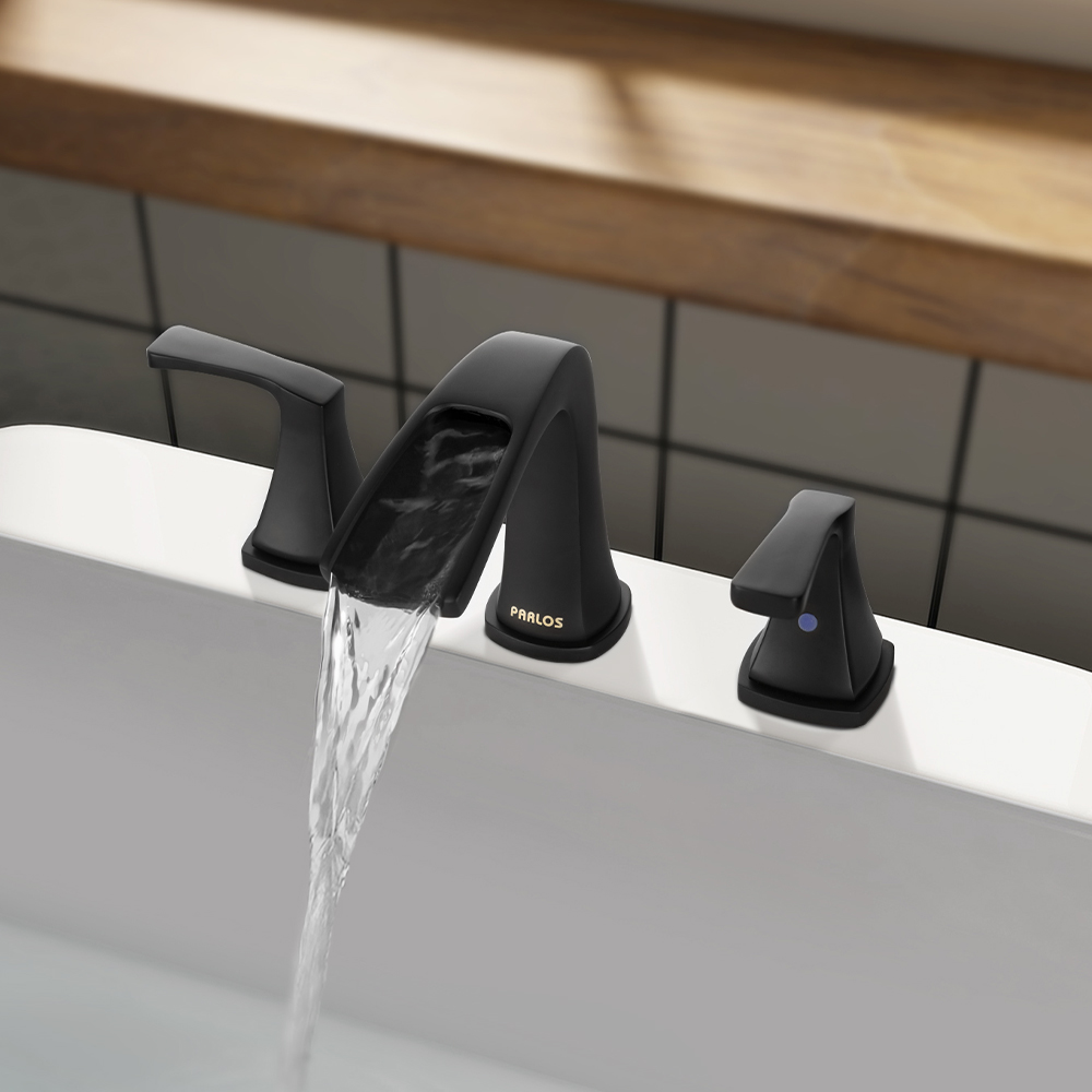 thumbnail video image 2 of PARLOS Matte Black 2-Handle Widespread Waterfall Roman Bathtub with Hot & Cold Supply Lines, 2 of 11