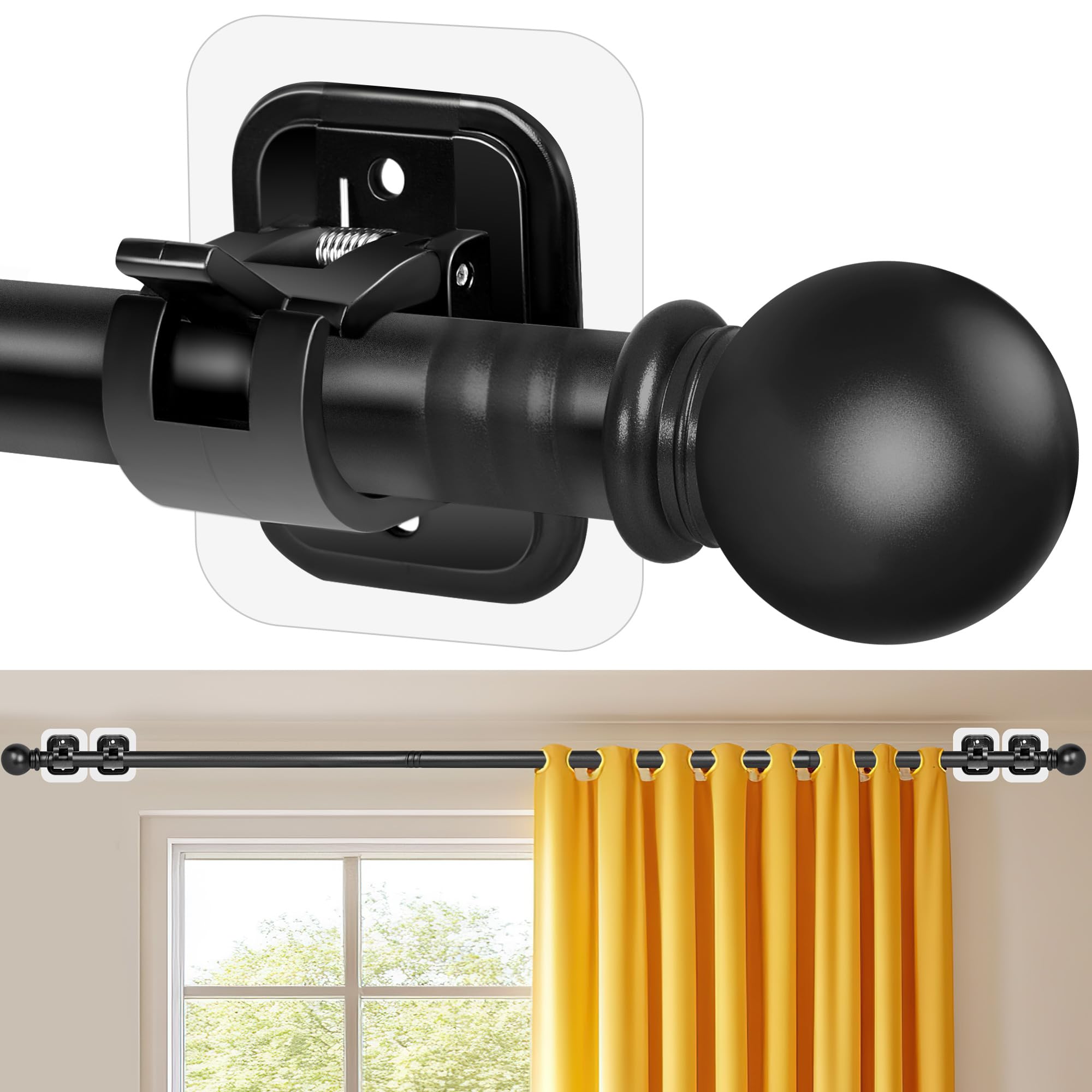 thumbnail video image 2 of Curtain Rods No Drilling for Windows Set 32 to 48 Inch,5/8 Inch Diameter Drapey Pole with No Drill Curtain Rod Brackets,Renter Friendly Cortineros Para Ventanas with Adhesive Holder Hook (Black), 2 of 18