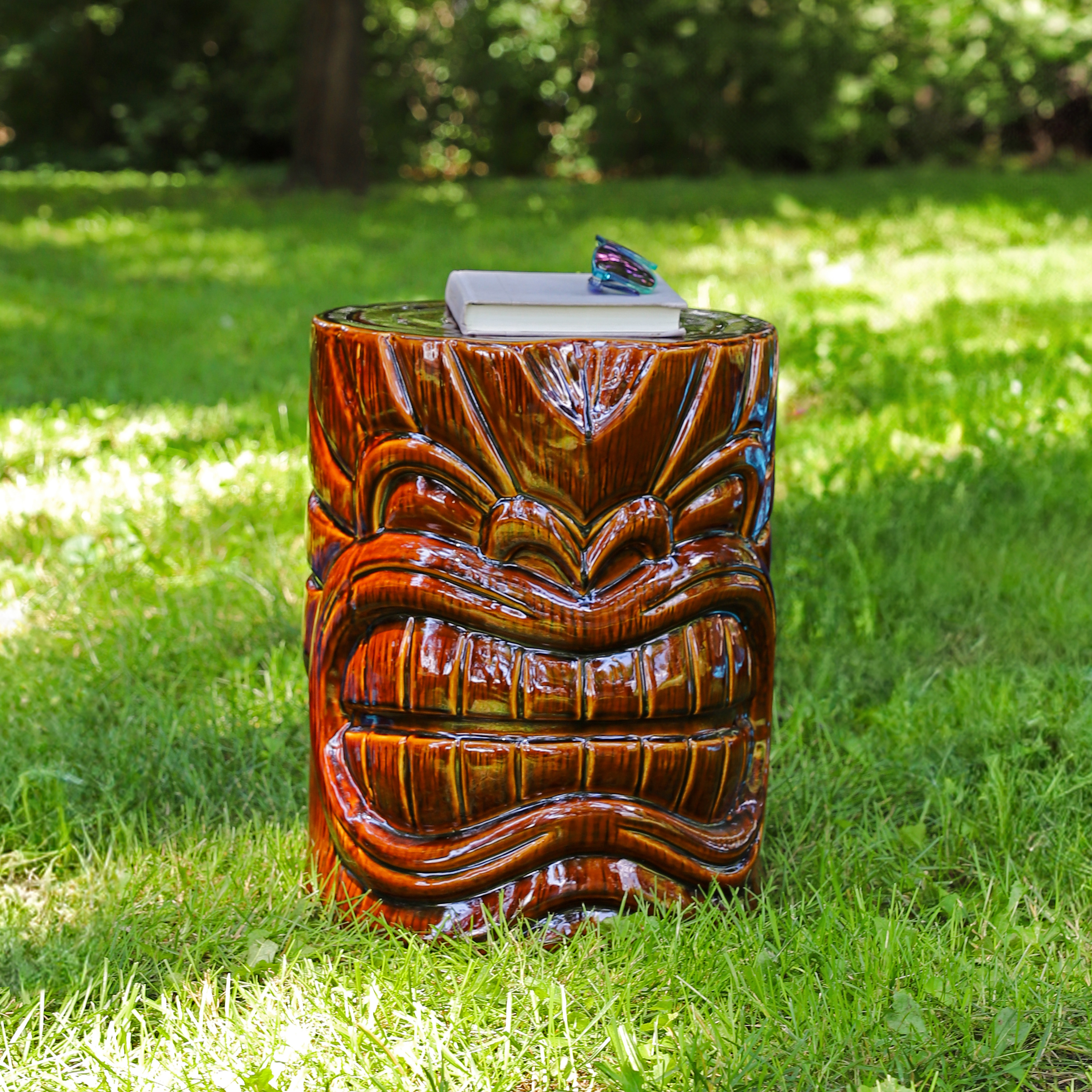thumbnail video image 2 of Sunnydaze Tropical 17.25" Tiki Head Ceramic Garden Stool Side Table, Brown, 2 of 12