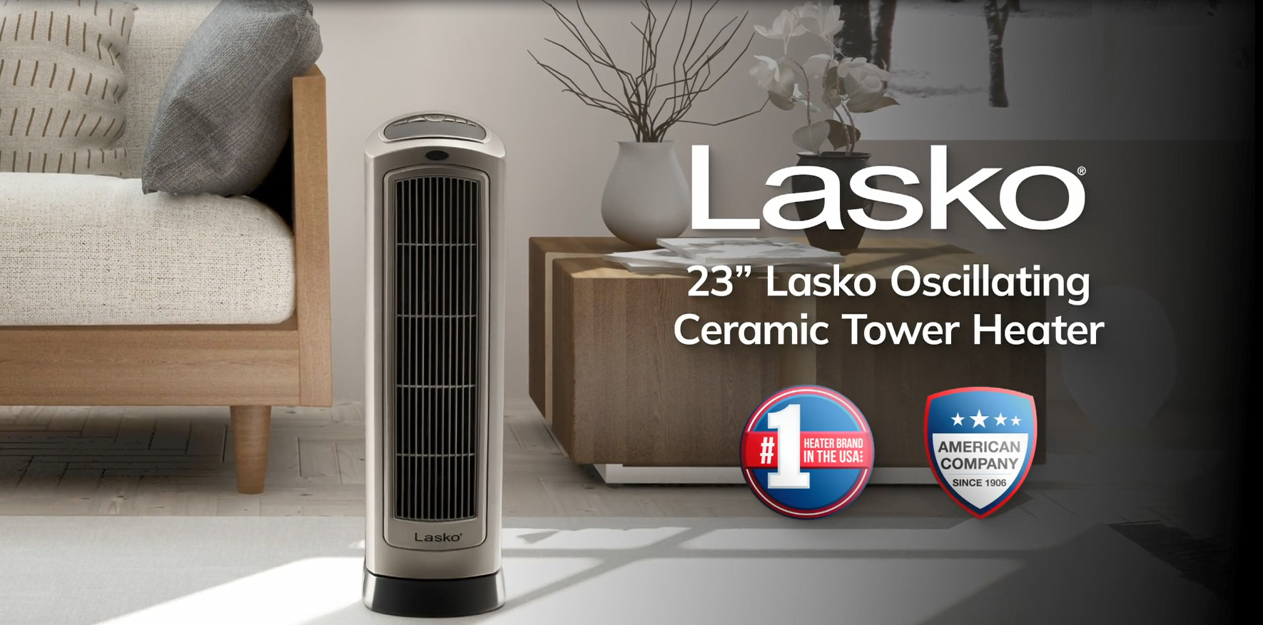 thumbnail video image 2 of Lasko 23" 1500W Oscillating Ceramic Space Heater with Timer, Remote, Silver, 755320, 2 of 16