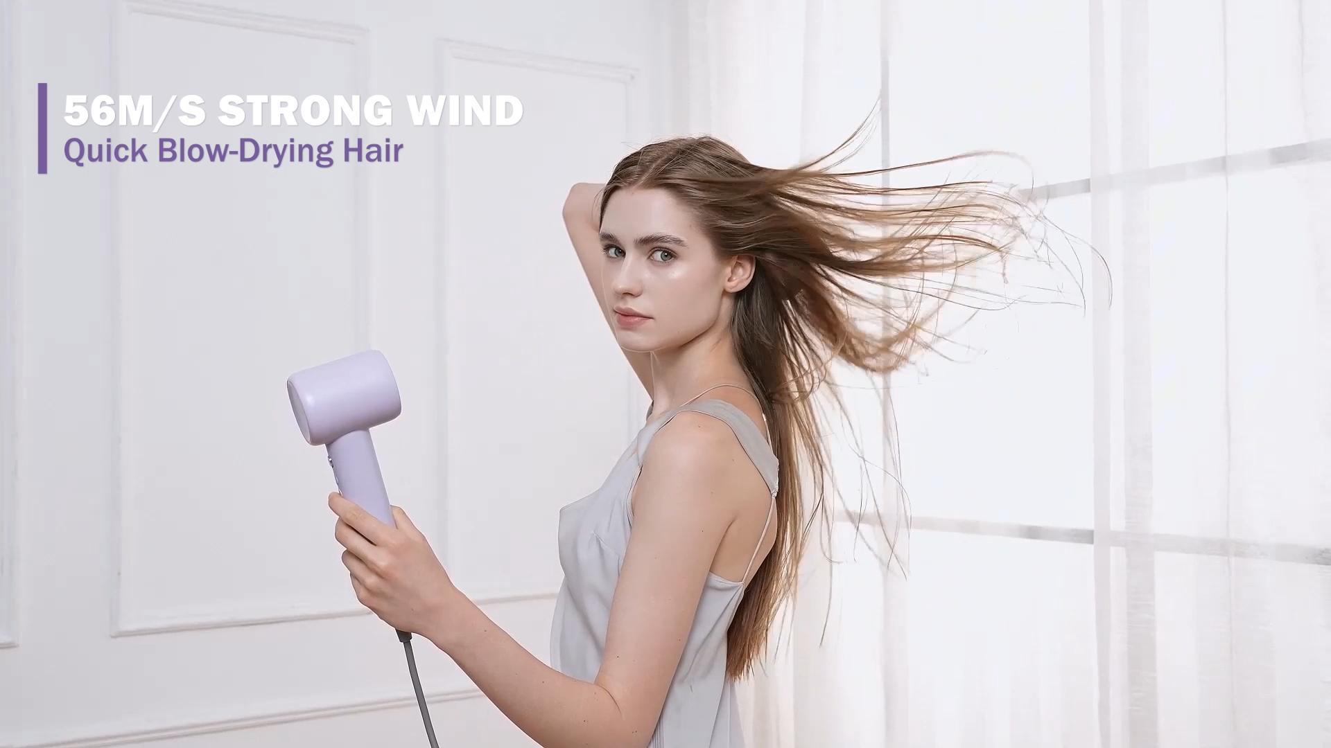thumbnail video image 2 of Purple Ionic High Speed Hair Dryer, 500M Negative Ions, Low Noise Lightweight Blow Dryer with Thermo-Control & Magnetic Nozzle, 2 of 12