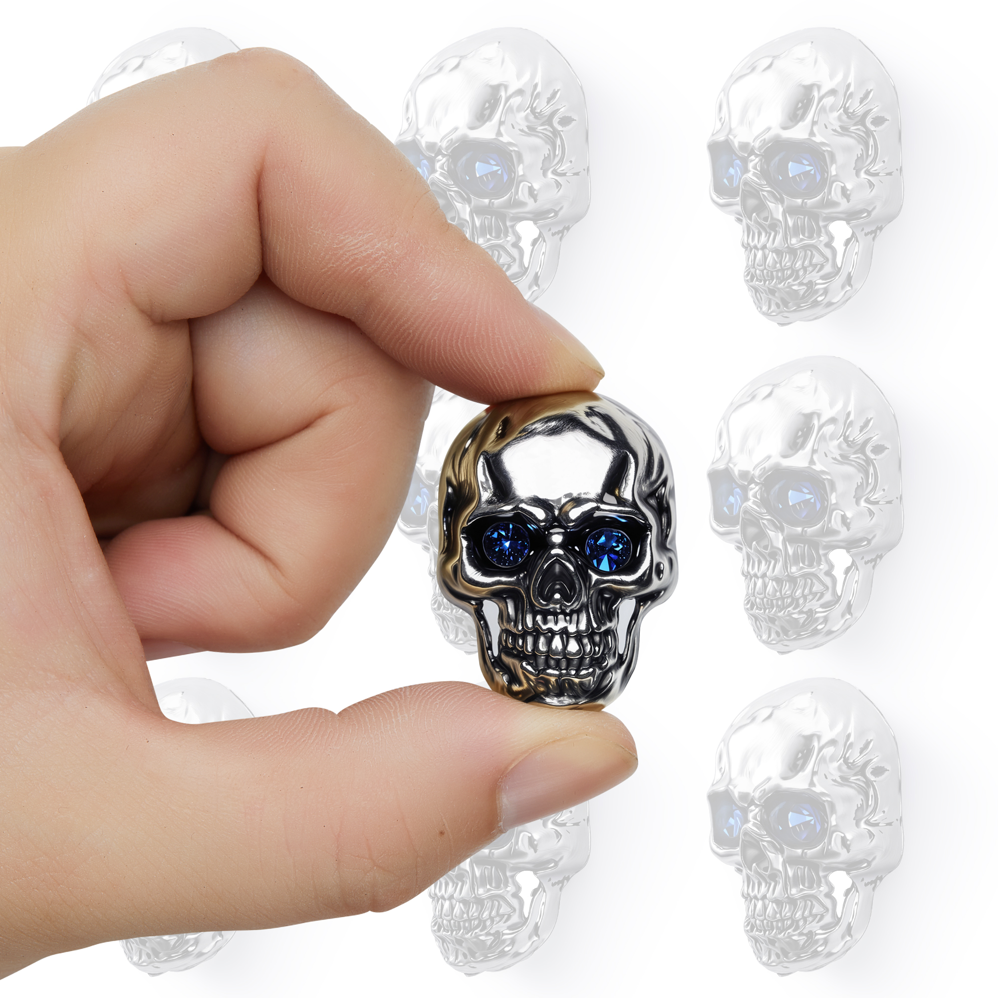 thumbnail video image 2 of WRVIAU Skull Decor Magnets Set - Metallic Refrigerator Magnets with Blue Eyes - Home Kitchen Office Art Display 6 Pack, 2 of 7